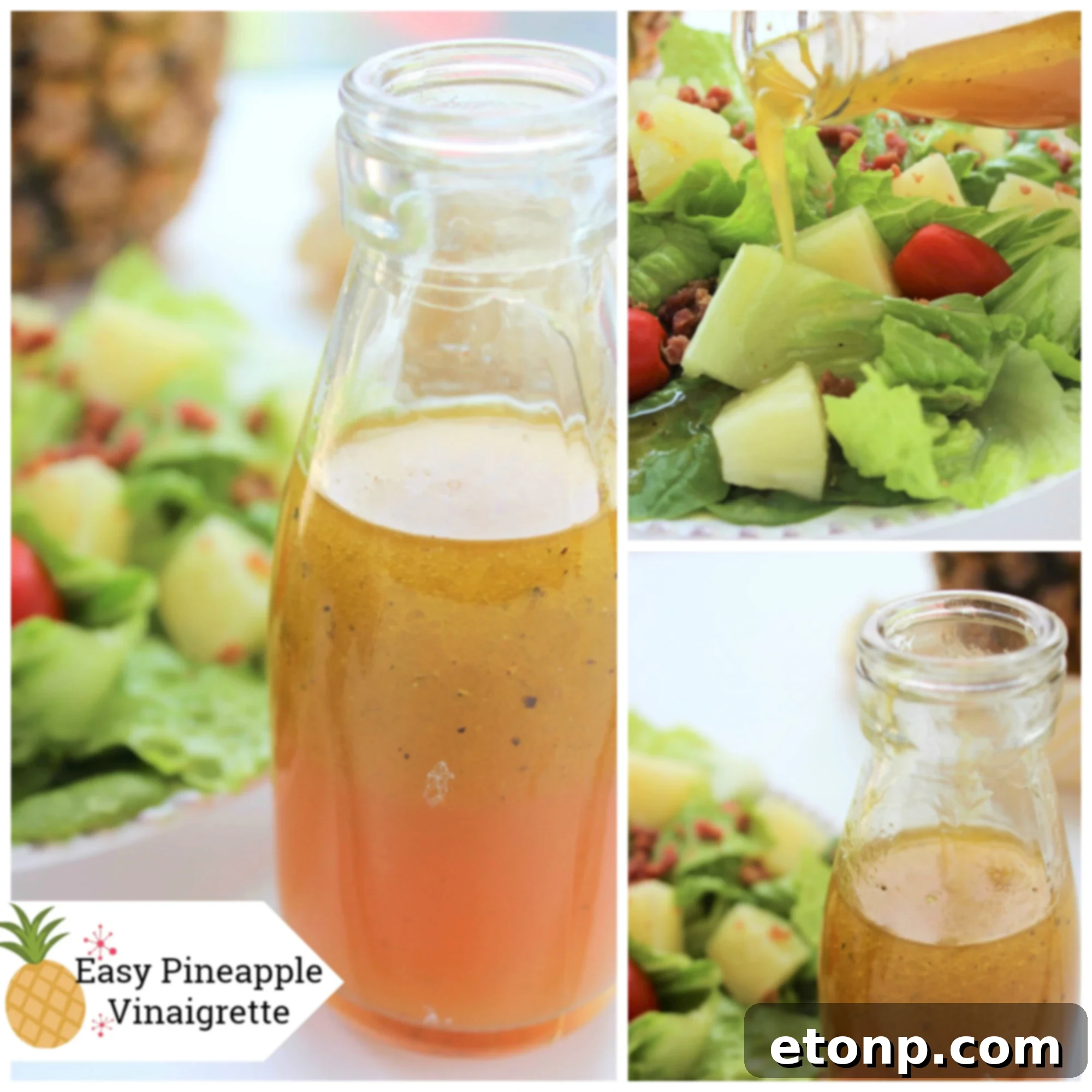 Pineapple Vinaigrette recipe card with a bowl of salad