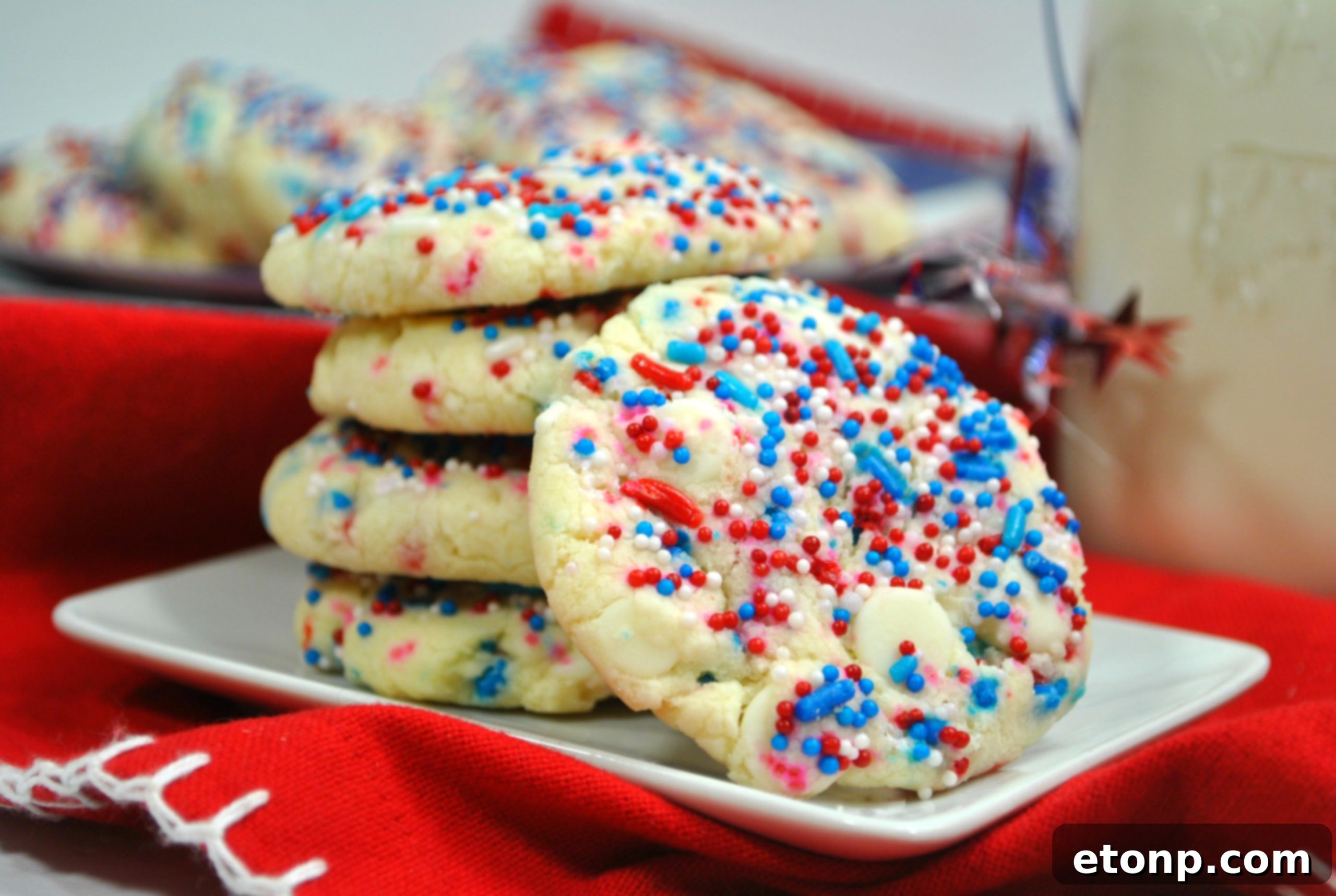 An array of White Chocolate Firework Cookies artfully arranged on a serving platter.