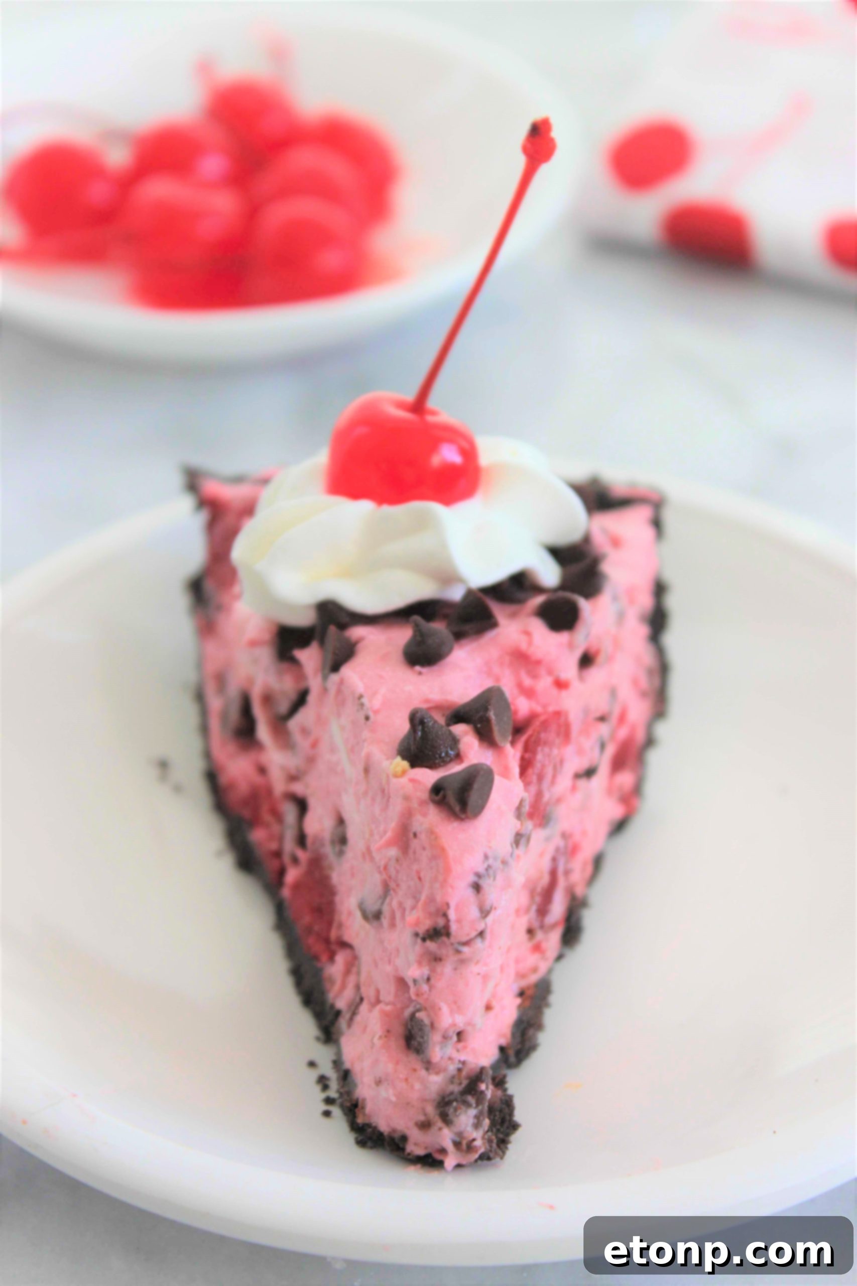 A slice of the No-Bake Cherry Chocolate Chip Dreamsicle Pie, perfectly portioned and ready to be served.
