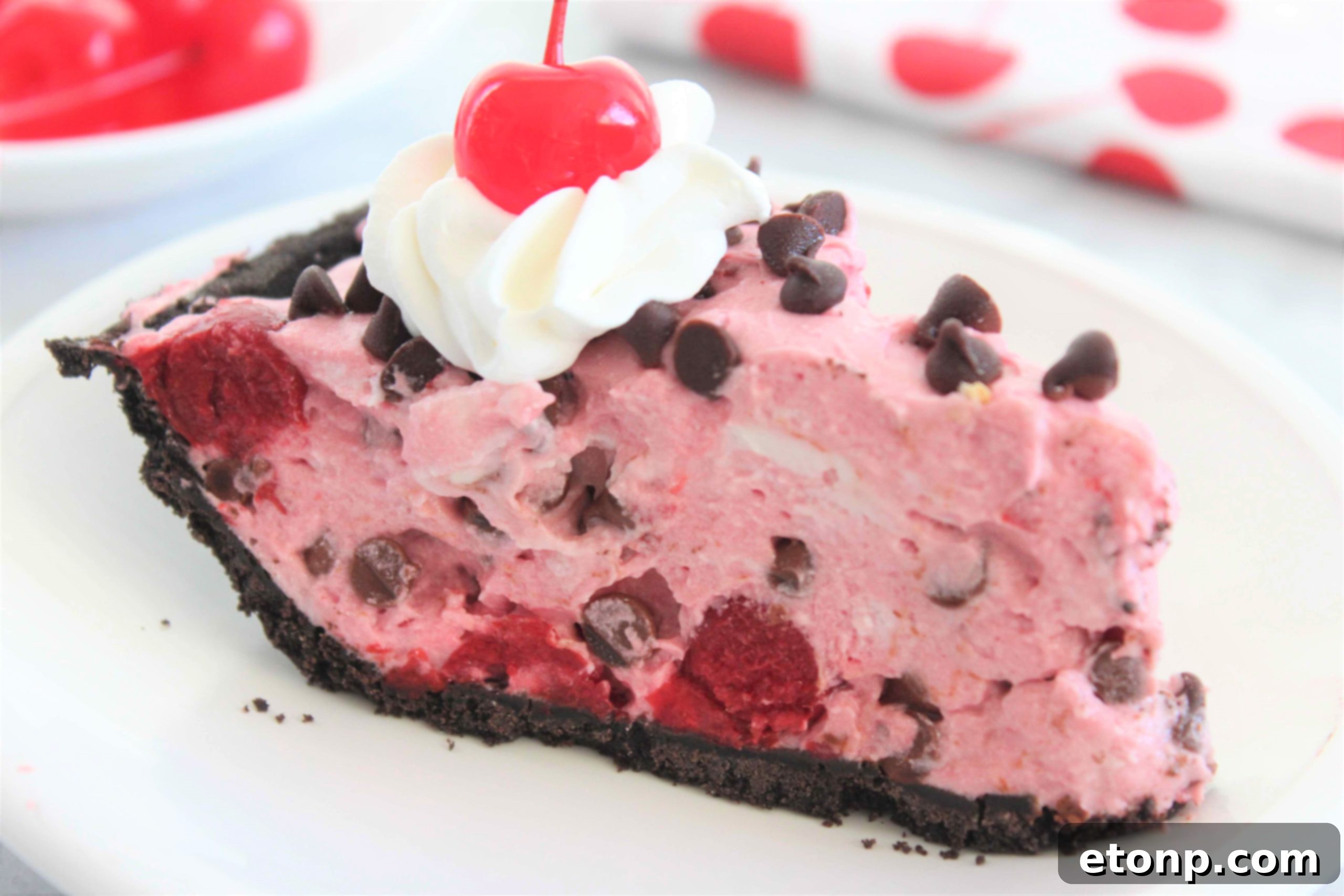A side view of a slice of No-Bake Cherry Chocolate Chip Dreamsicle Pie, highlighting its texture and layers.