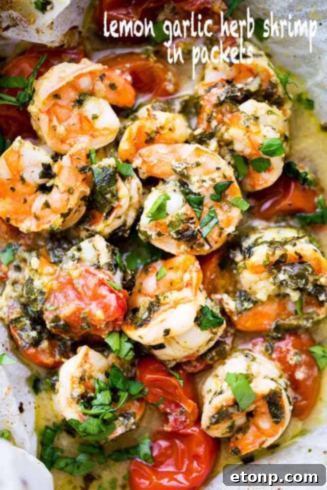 Lemon Garlic Herb Shrimp cooked in parchment packets