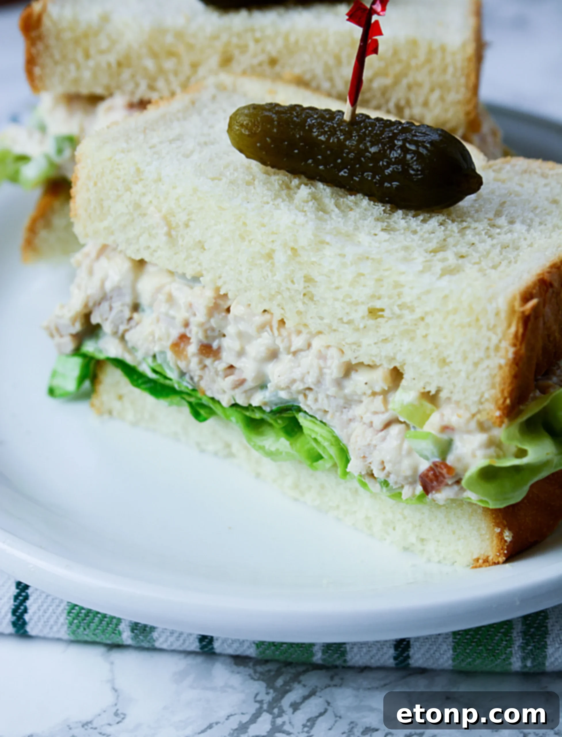 The Ultimate Chicken Salad 2 Creamy chicken salad served in a bowl with crackers and fresh parsley garnish.