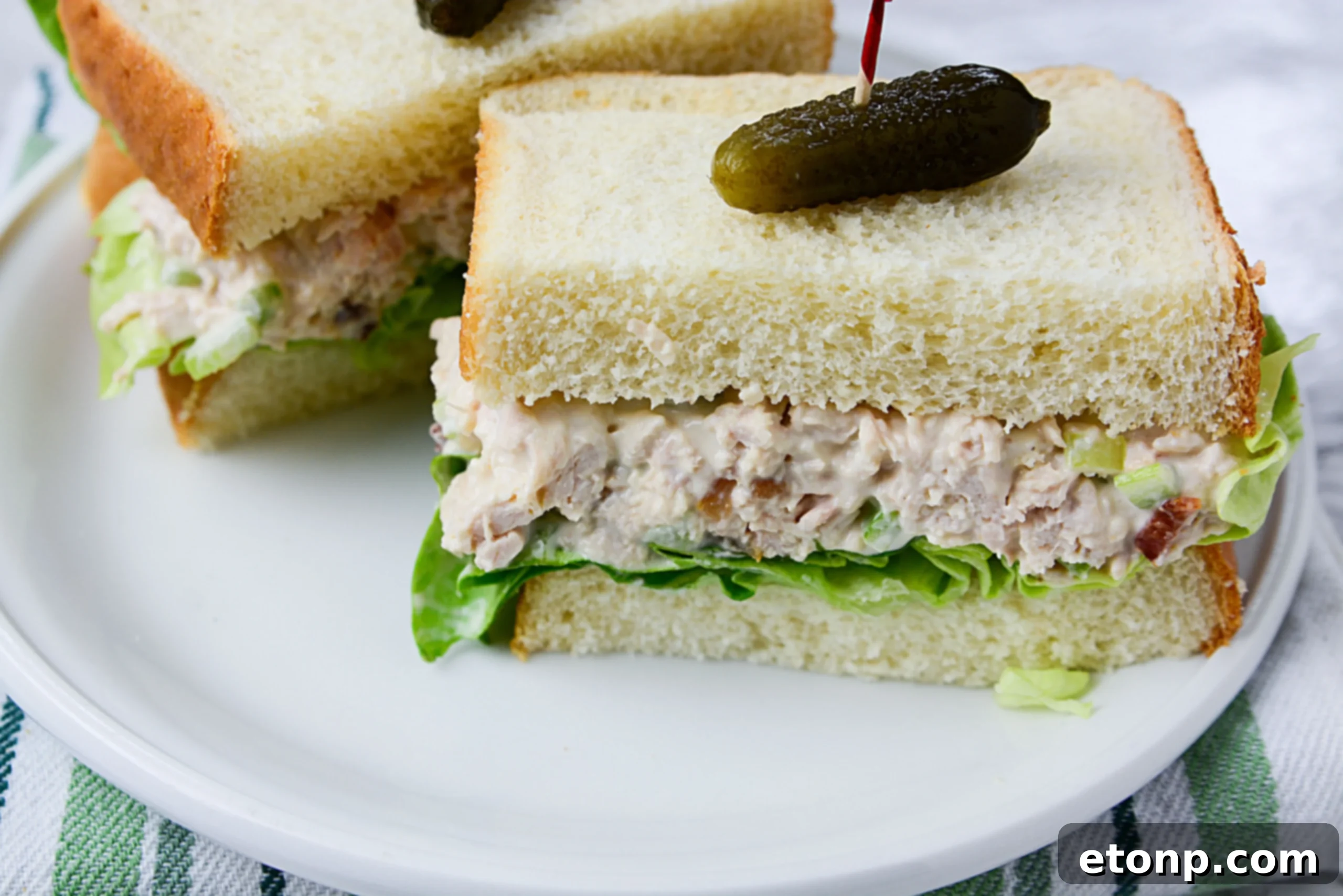 The Ultimate Chicken Salad 3 Close-up of freshly made chicken salad, showing shredded chicken, celery, and creamy dressing.