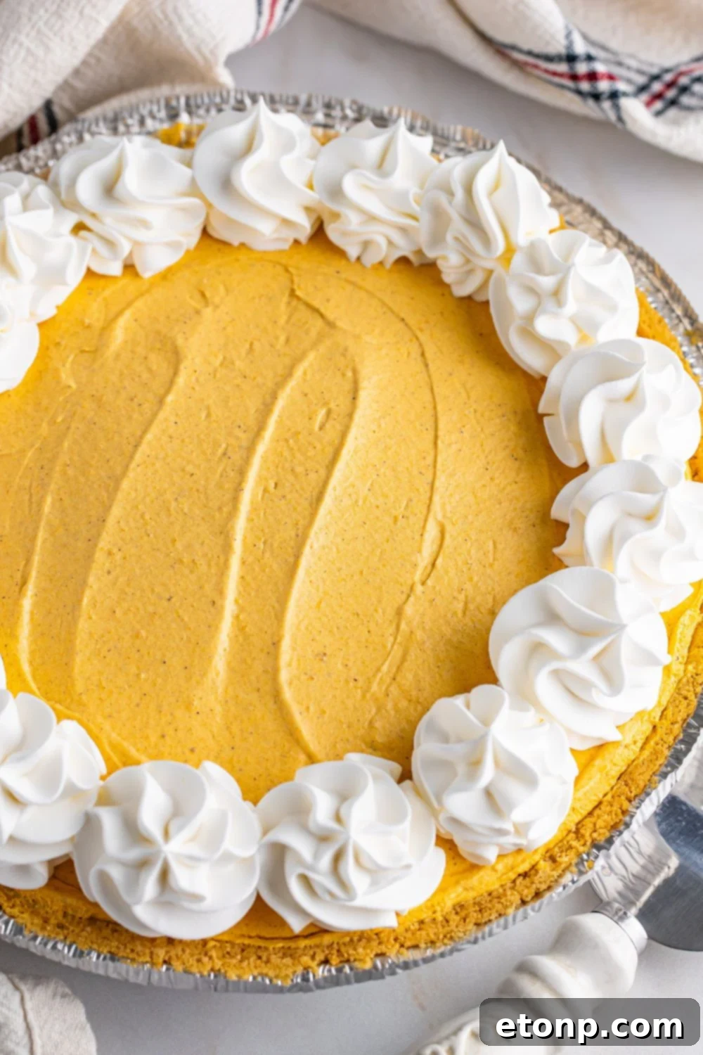 overhead view of pumpkin cheesecake in a pan on table