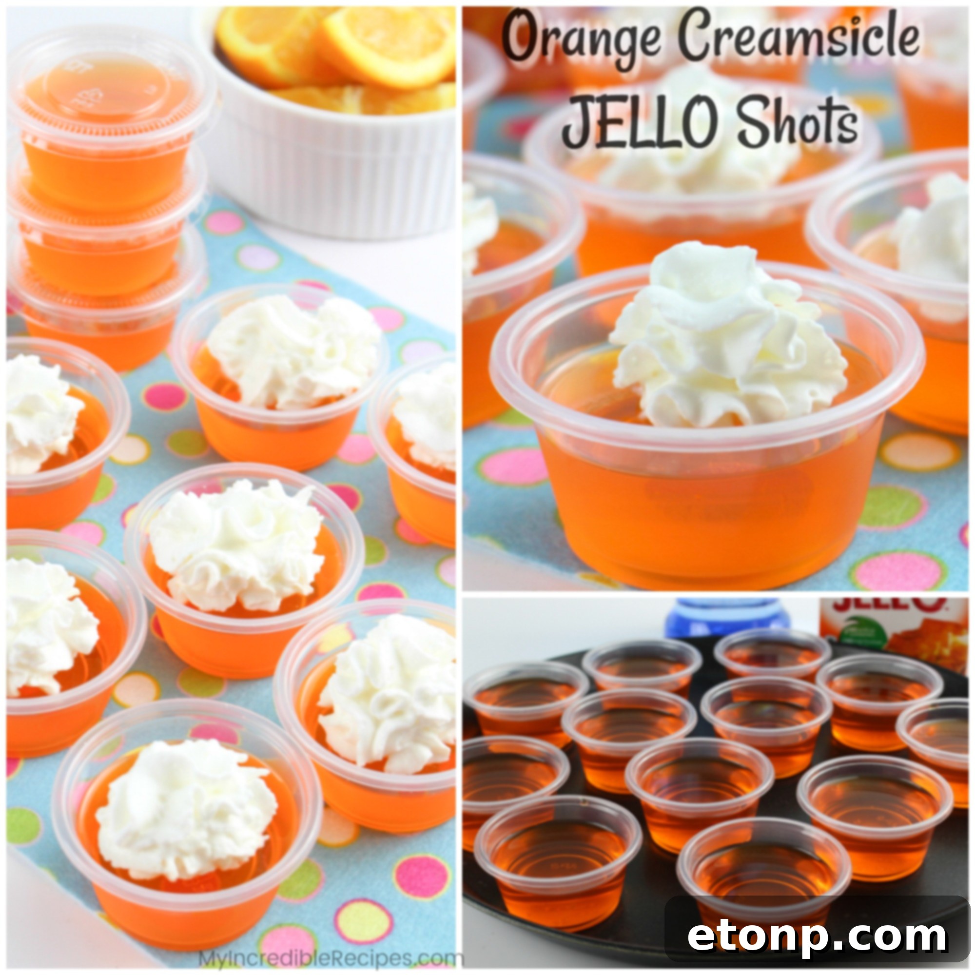 A high-angle shot of a single Orange Creamsicle Jello Shot with creamy topping, ready to be picked up and enjoyed.