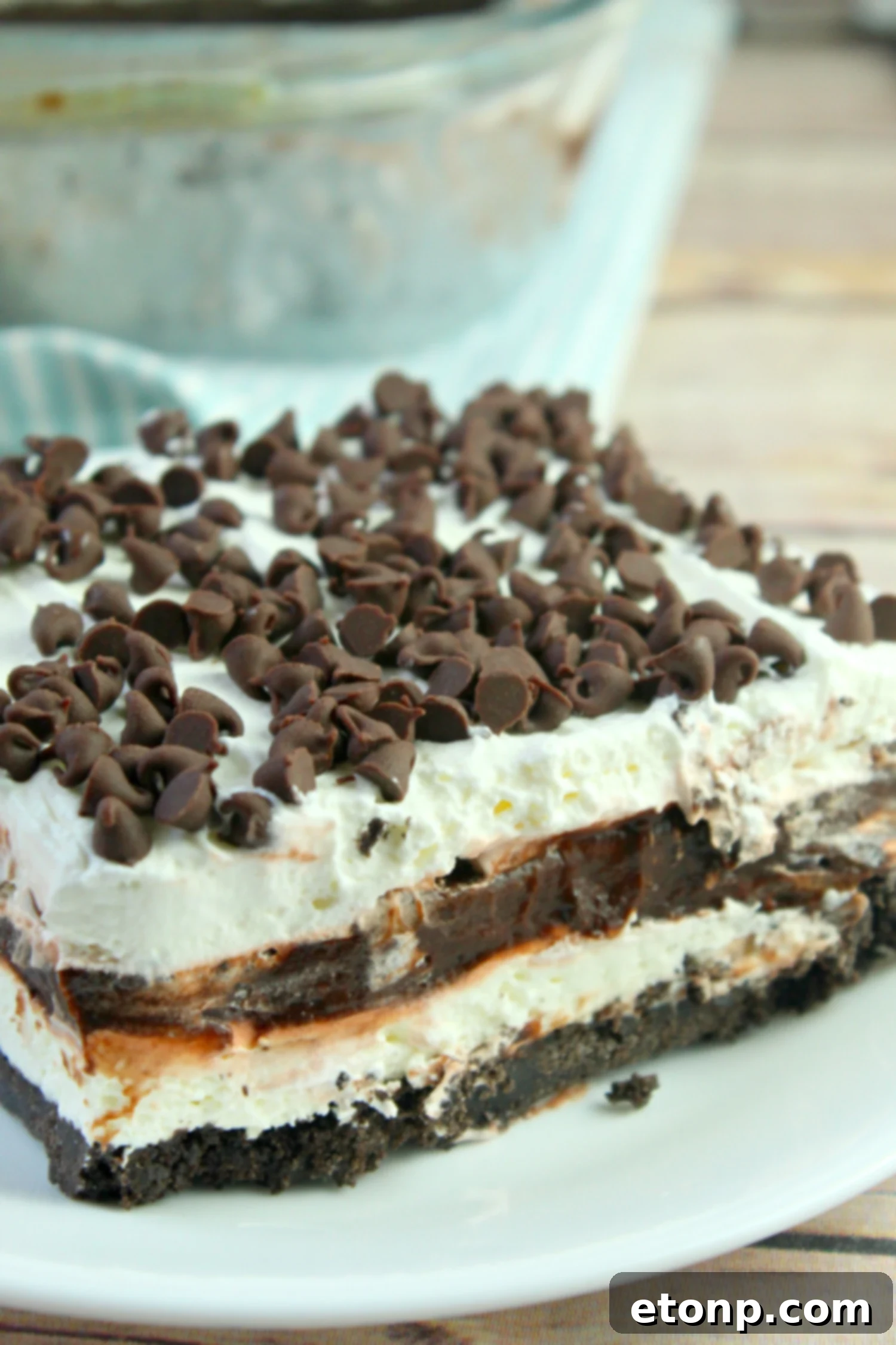 Layers of creamy No-Bake Chocolate Lasagna topped with whipped cream and chocolate shavings.
