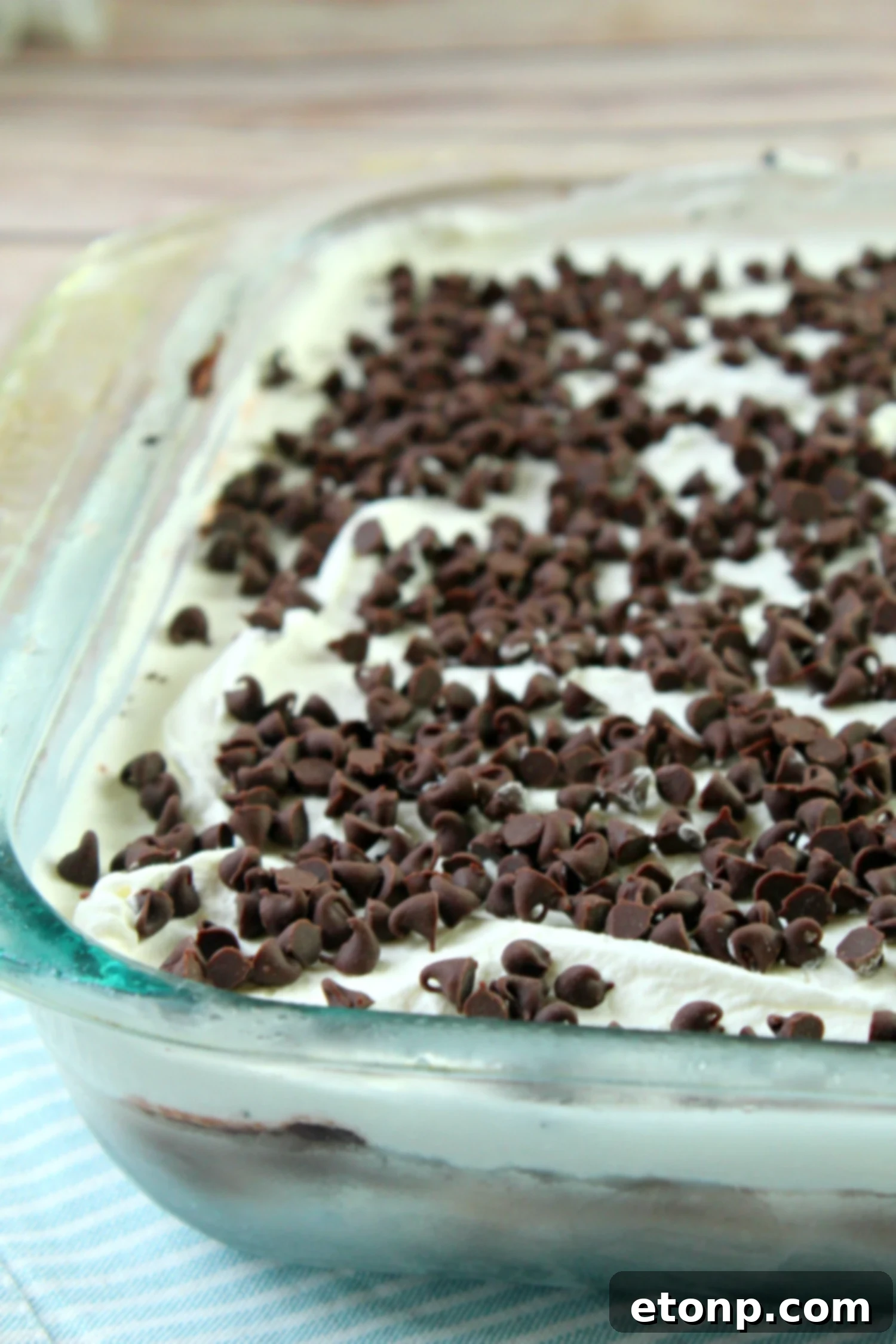 A side profile of a slice of No-Bake Chocolate Lasagna, clearly showing the distinct Oreo crust, cream cheese, chocolate pudding, and whipped topping layers.
