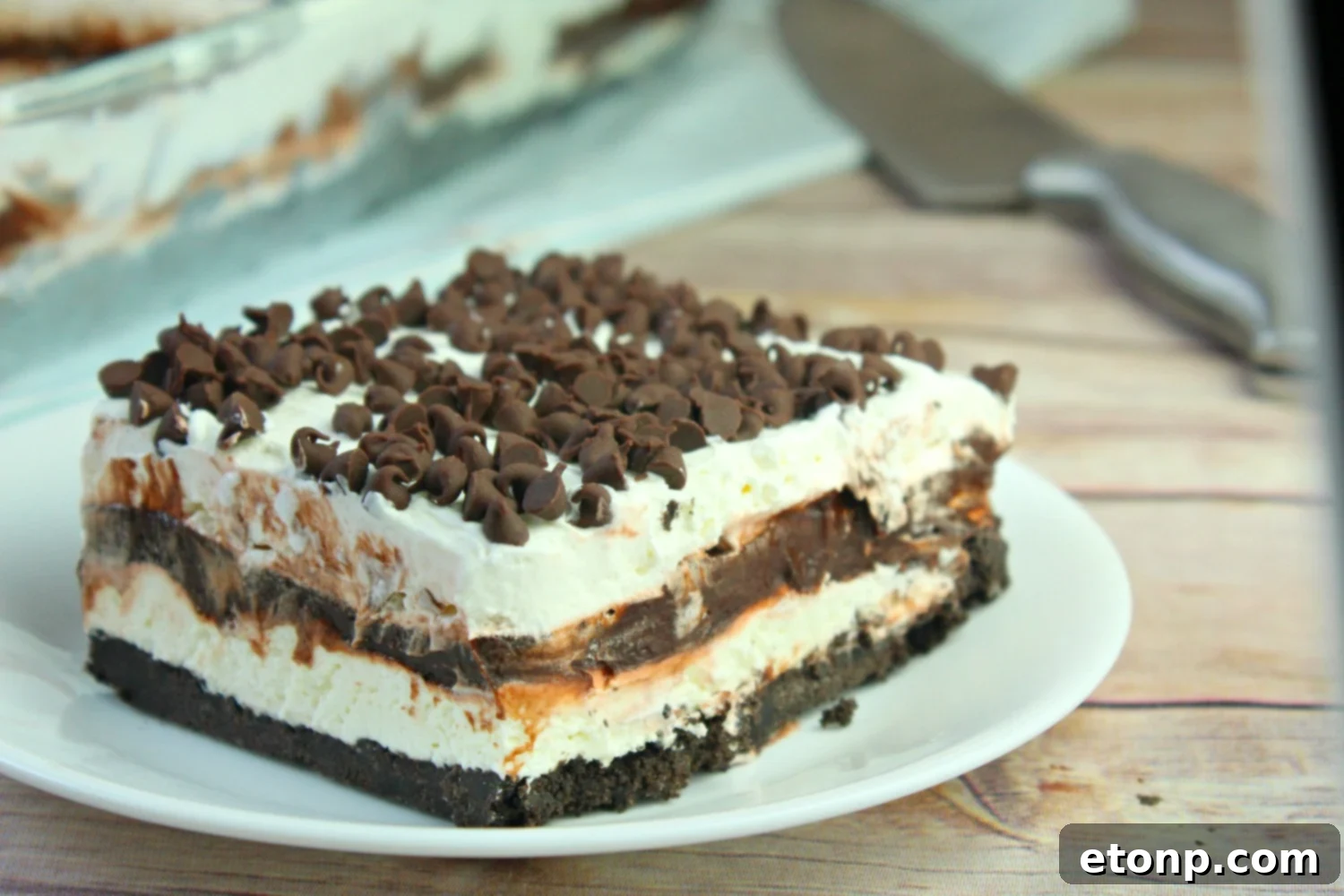 A vibrant, appealing shot of the No-Bake Chocolate Lasagna, highlighting its rich, creamy texture and glossy chocolate pudding layer.