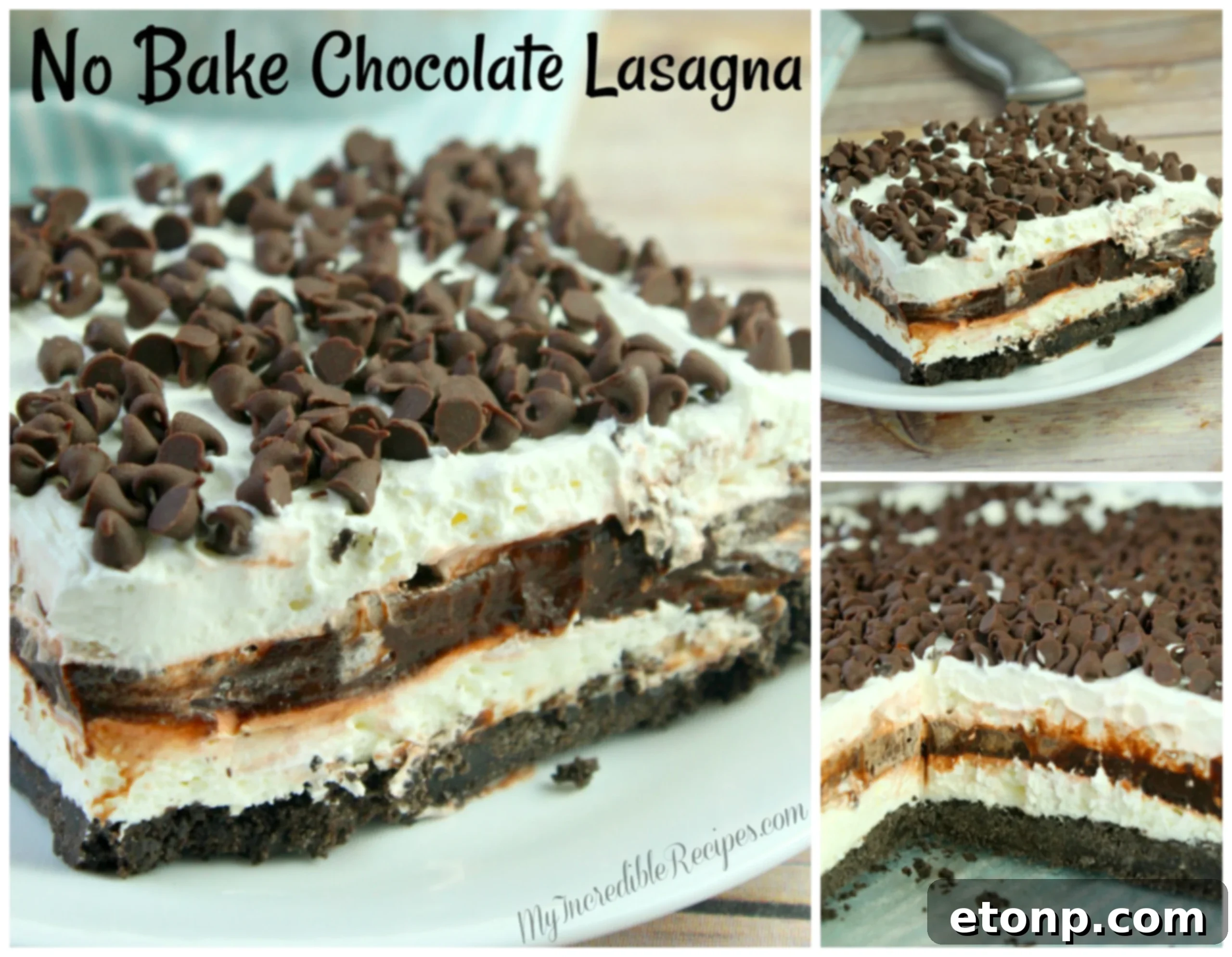 The final, beautifully presented No-Bake Chocolate Lasagna in a 9x13 inch pan, generously topped with chocolate chips, ready to be served.