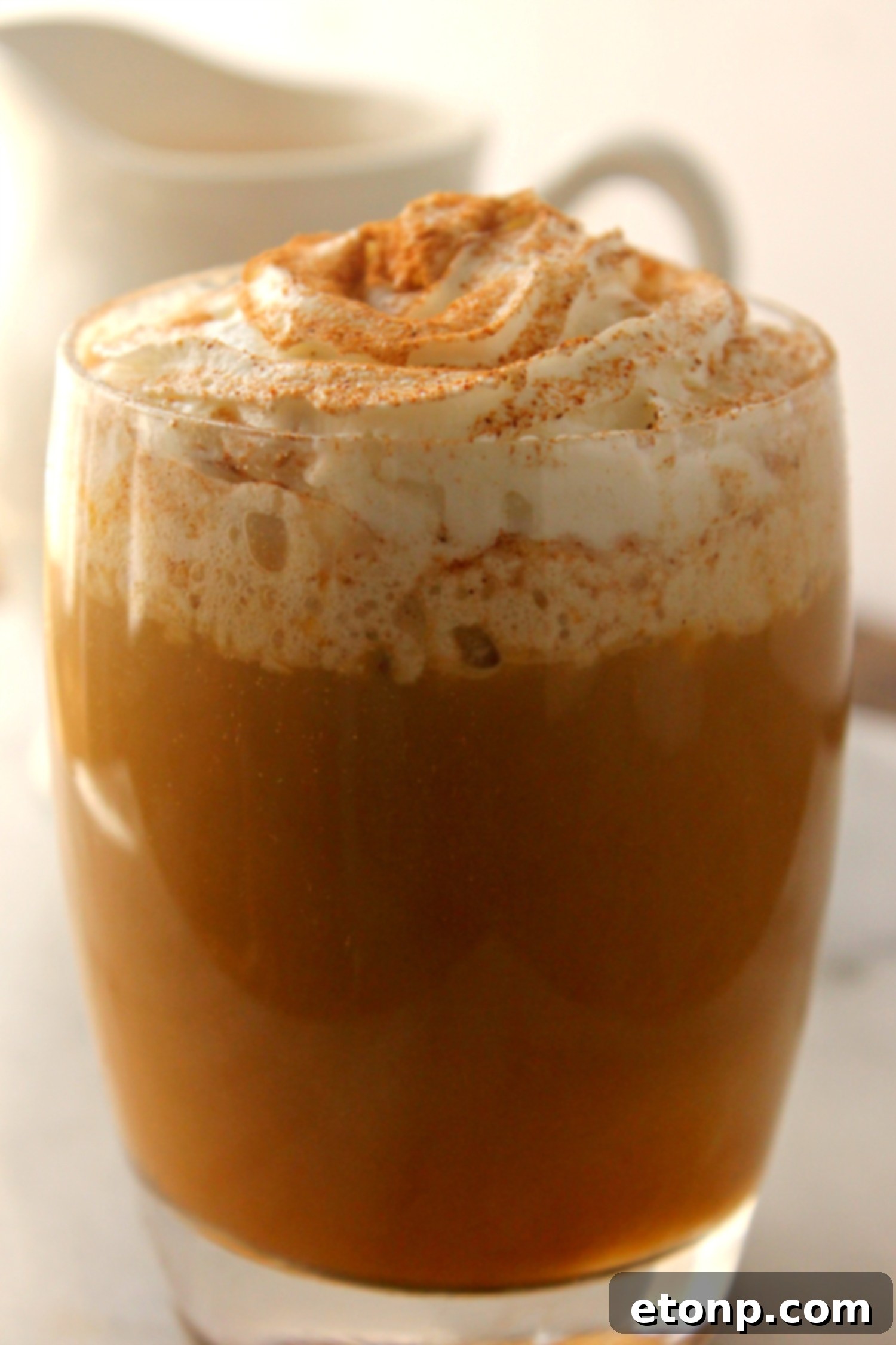 A mason jar filled with homemade pumpkin spice coffee creamer, adorned with a cozy autumn-themed label, ready to be stored or served.