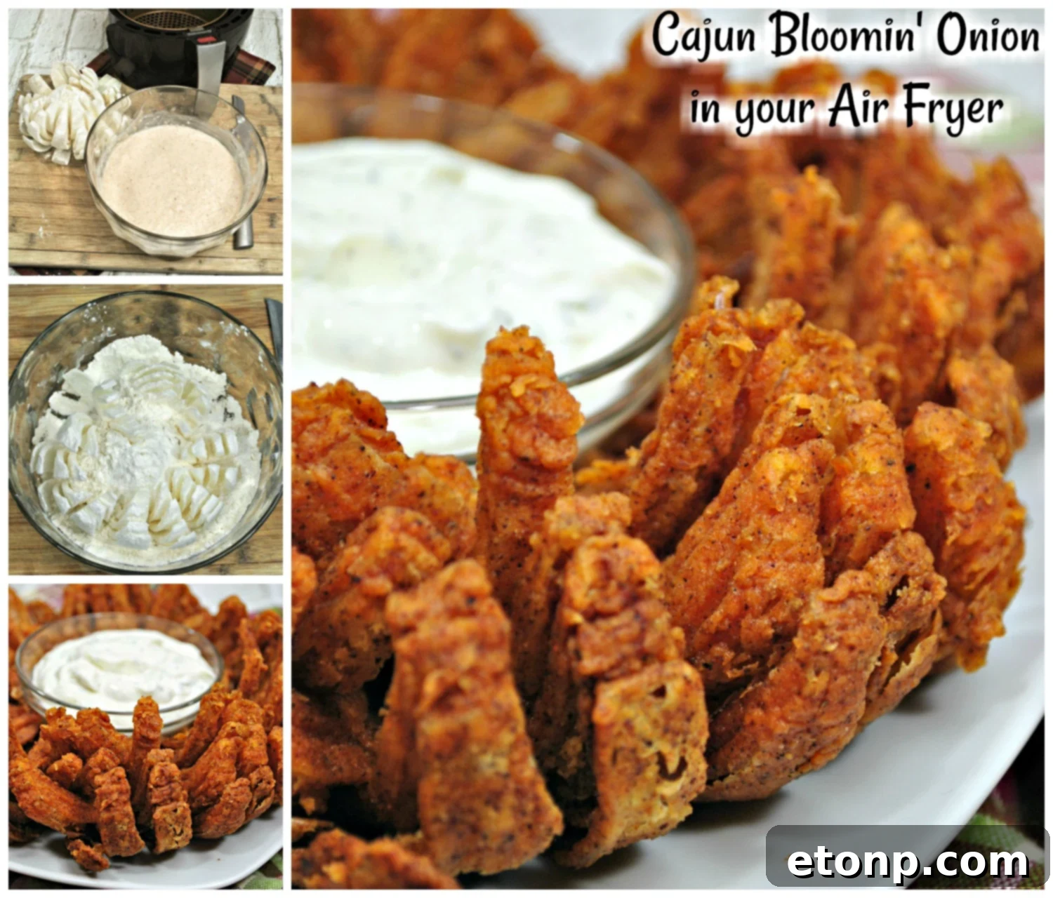 Close-up of the delicious Bloomin' Onion with a small bowl of green onion ranch dip