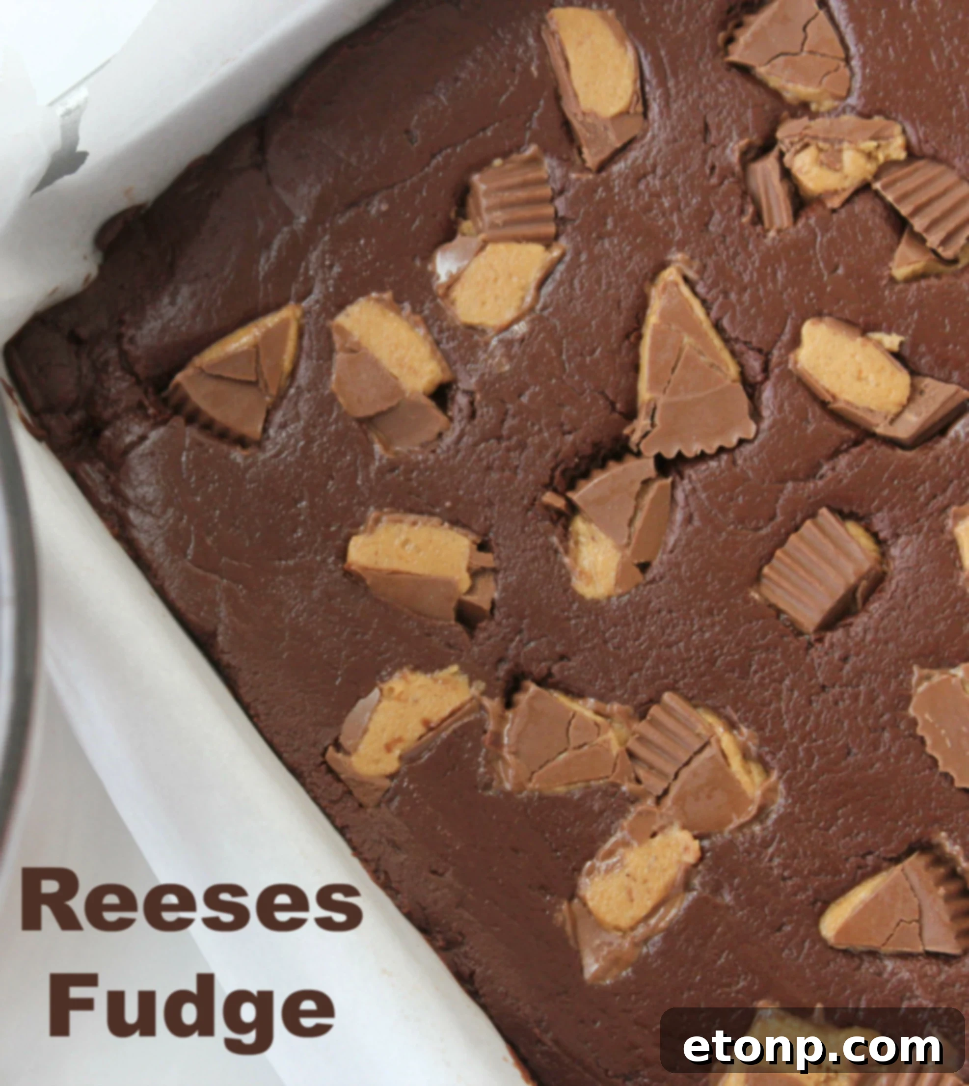 Close-up of freshly made No-Bake 3-Ingredient Reese's Fudge, showcasing its rich texture and peanut butter cup chunks.
