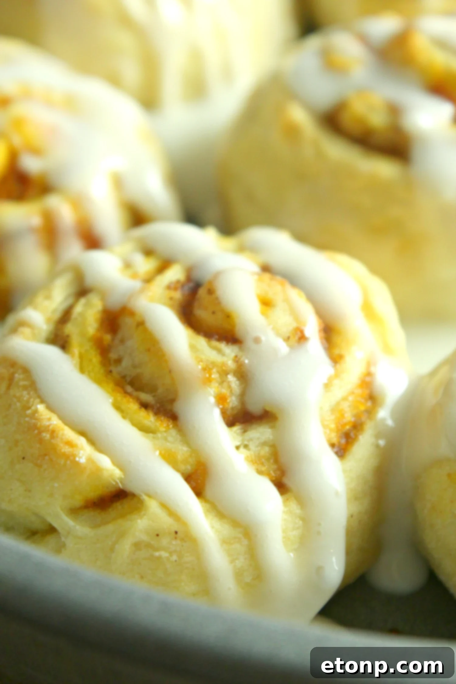 A plate of warm pumpkin cinnamon rolls generously topped with sweet cream cheese frosting, a comforting and delightful treat for autumn.