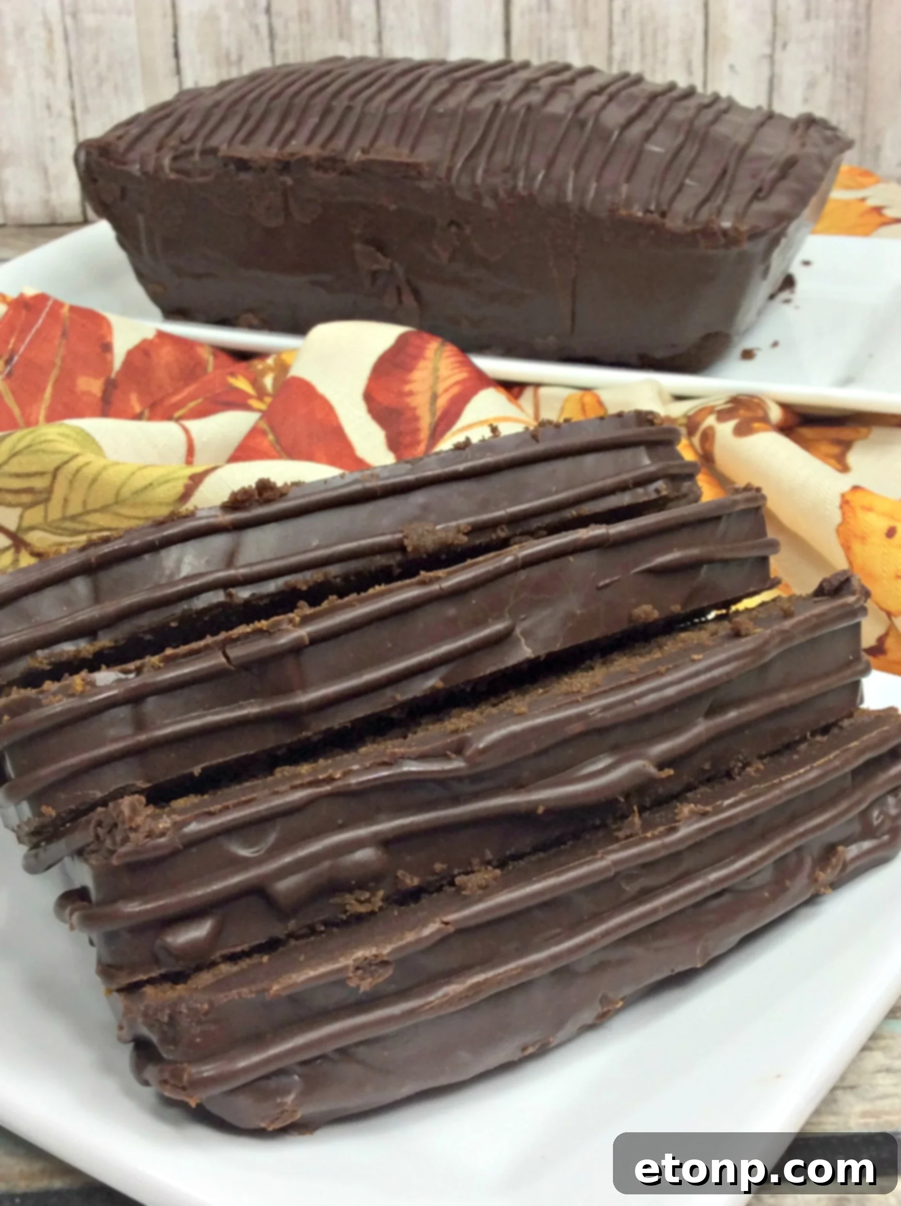 Close-up of a slice of chocolate pumpkin pound cake, moist and rich