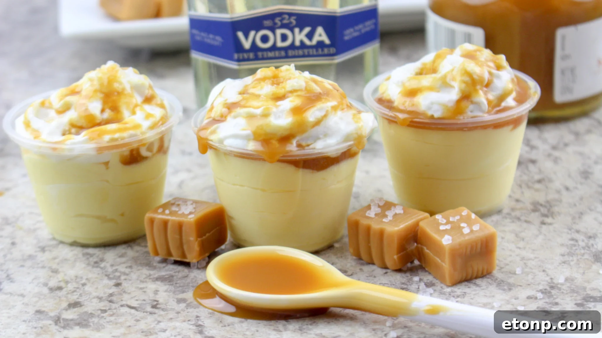Serving tray filled with beautifully arranged Salted Caramel Pudding Shots
