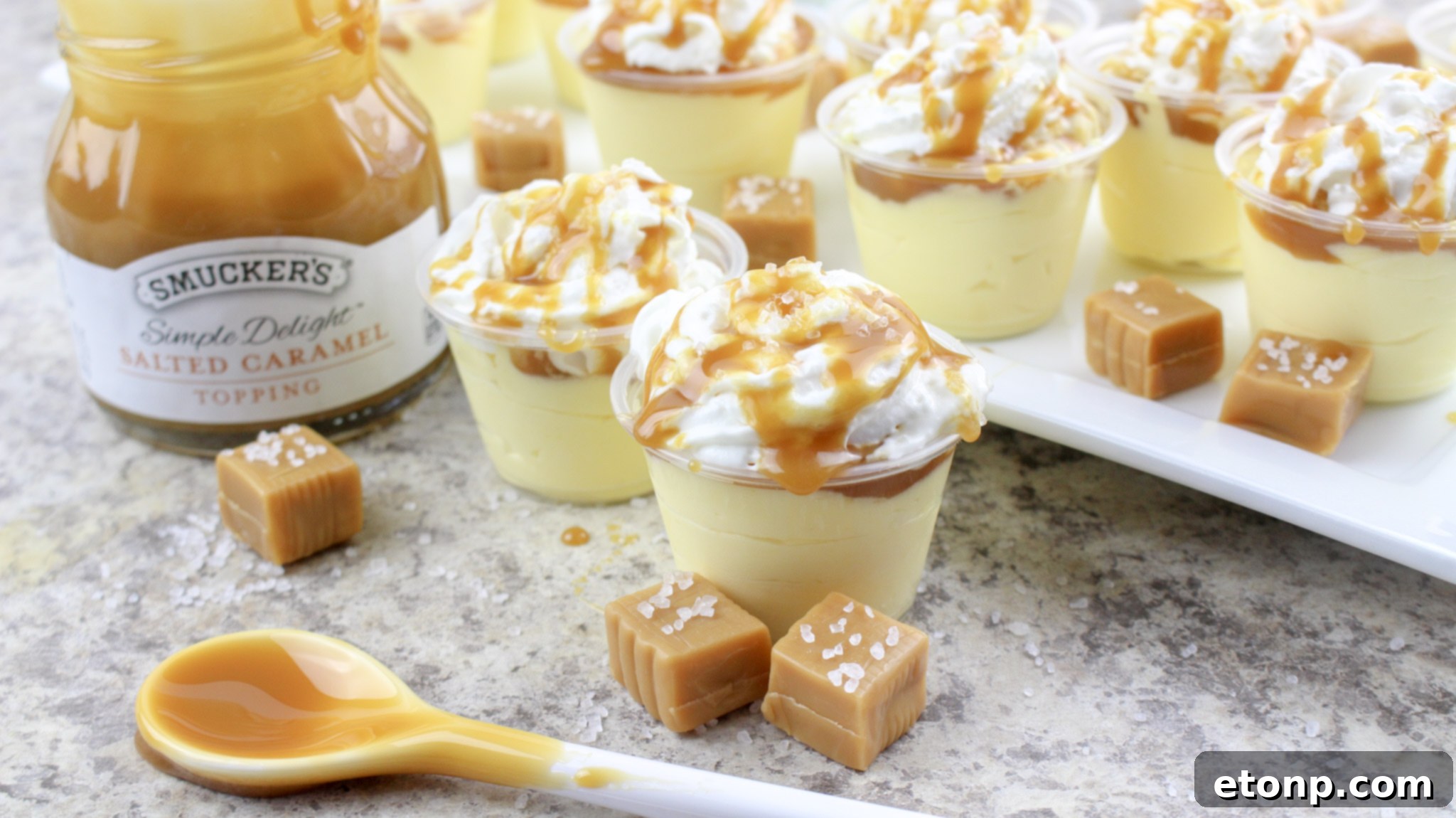 Side view of Salted Caramel Pudding Shots ready for serving