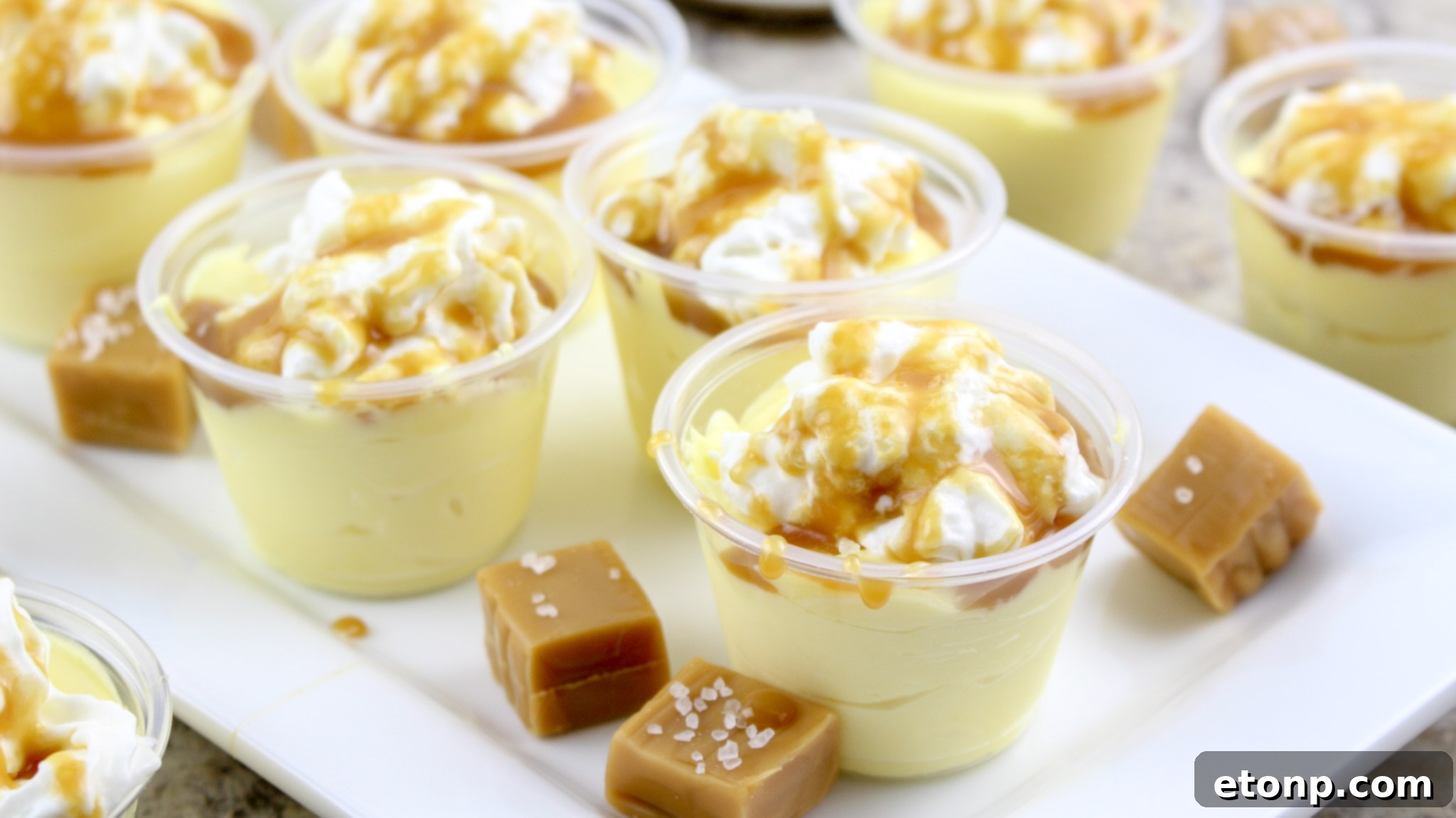 Line of Salted Caramel Pudding Shots with different cup colors for distinction