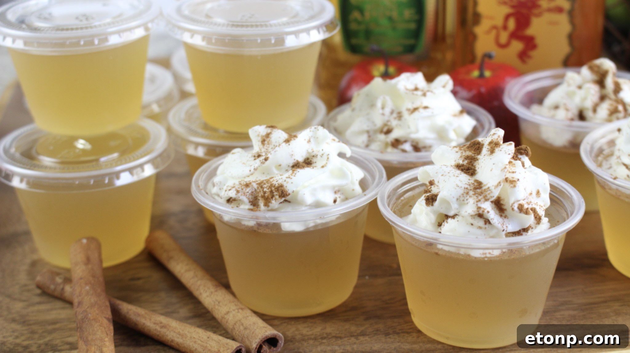 Spiced Apple Pie Shooters 4 Assortment of festive Jello Shots, perfect for a Thanksgiving or Halloween party.