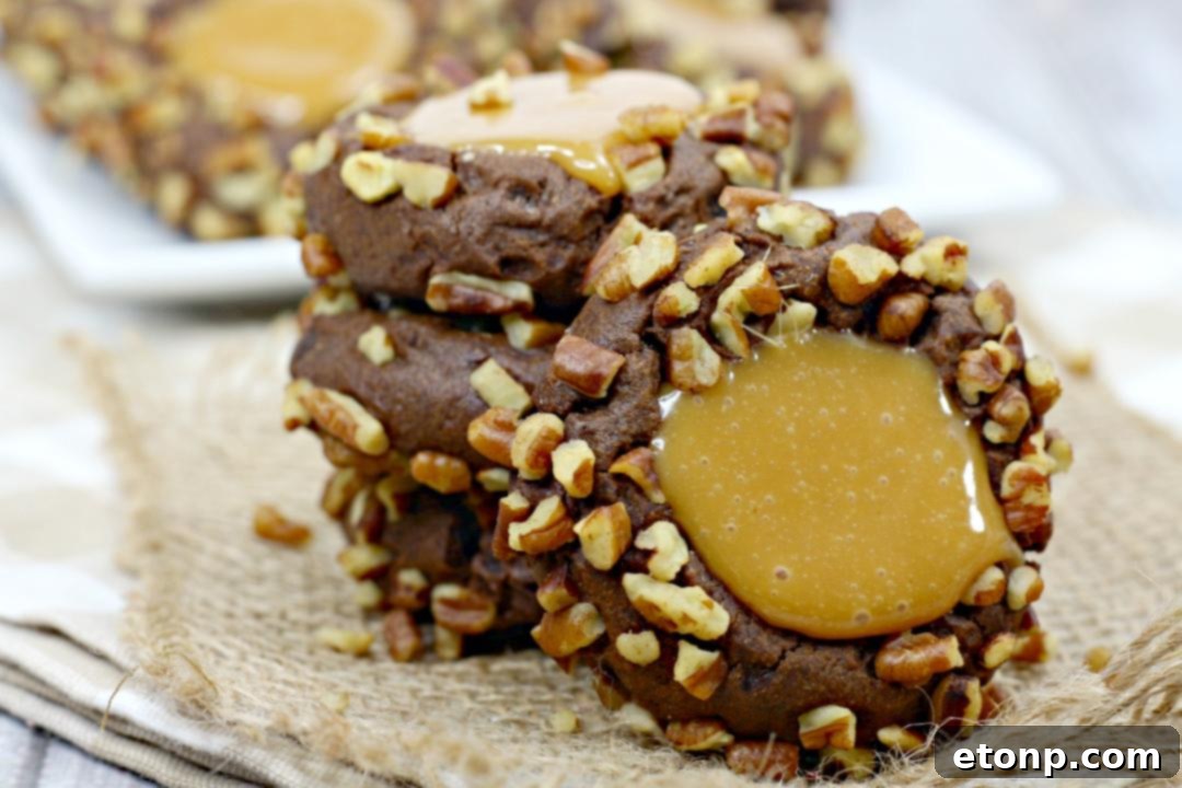 Rolling chocolate cookie dough balls in chopped pecans on a parchment-lined baking sheet.