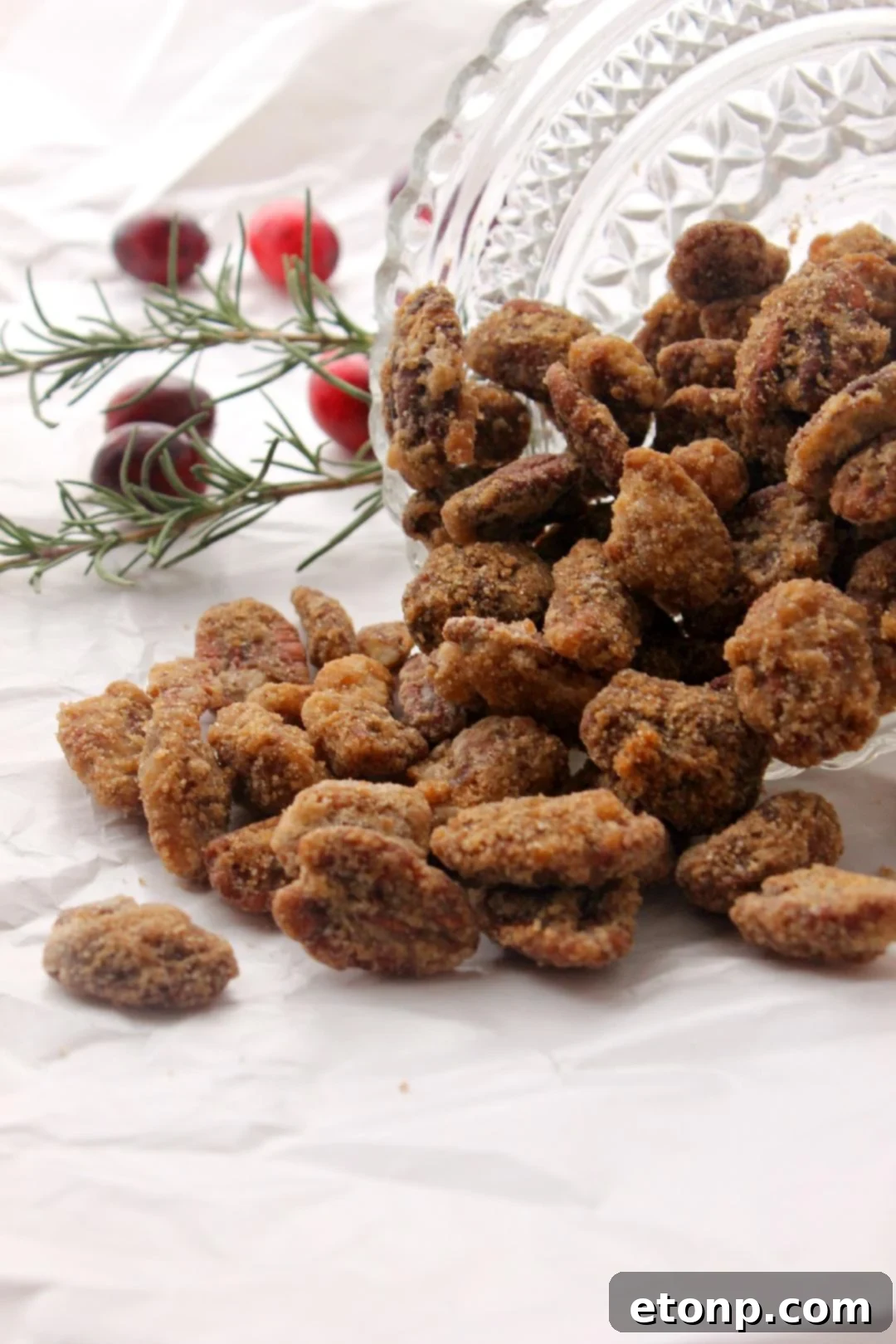 Sweet Cinnamon Pecan Crunch 3 A close-up shot of cinnamon sugar roasted pecans, showcasing their glossy, caramelized coating.