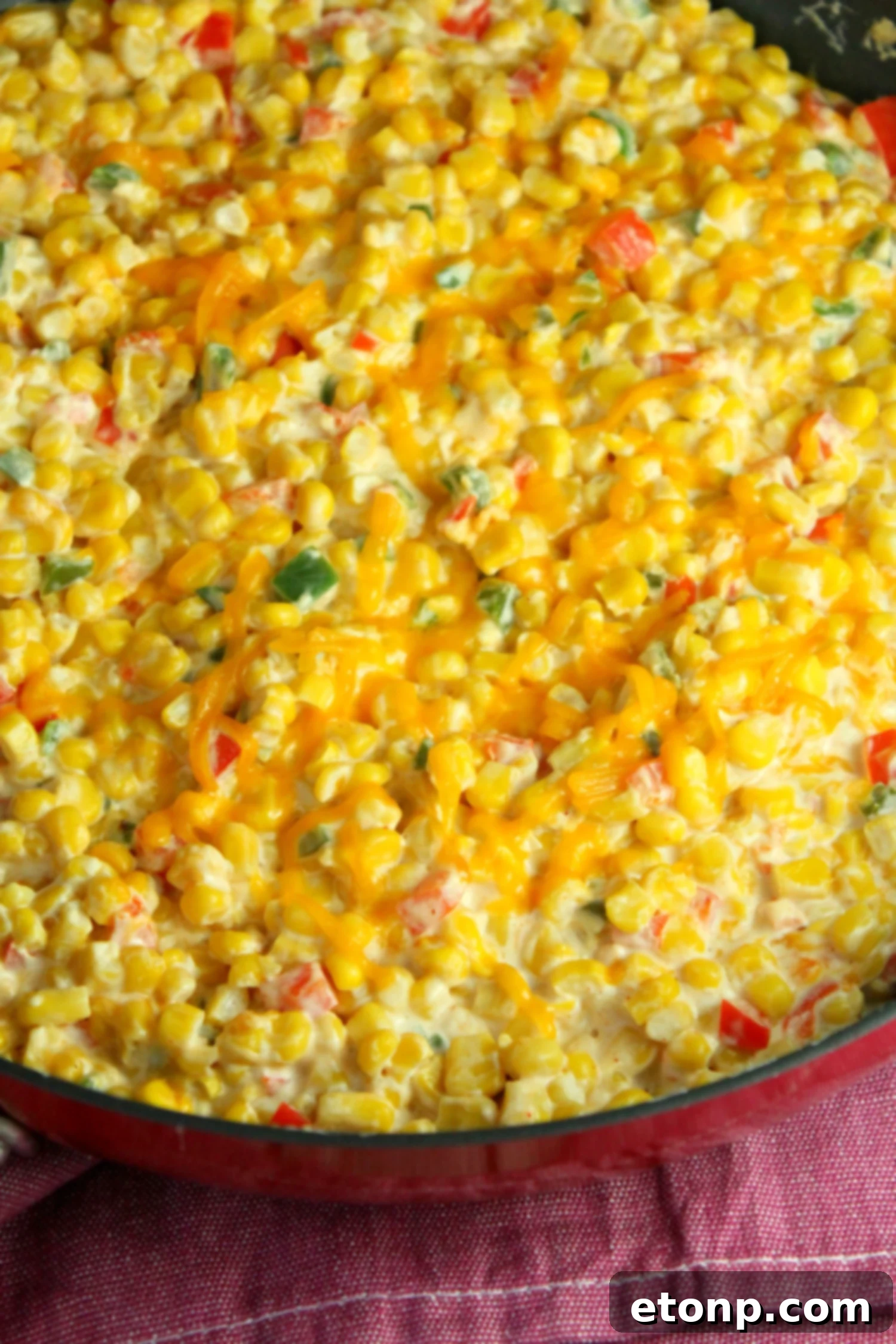 A full bowl of creamy hot corn dip, seen from above, garnished with green onions and ready for a party.