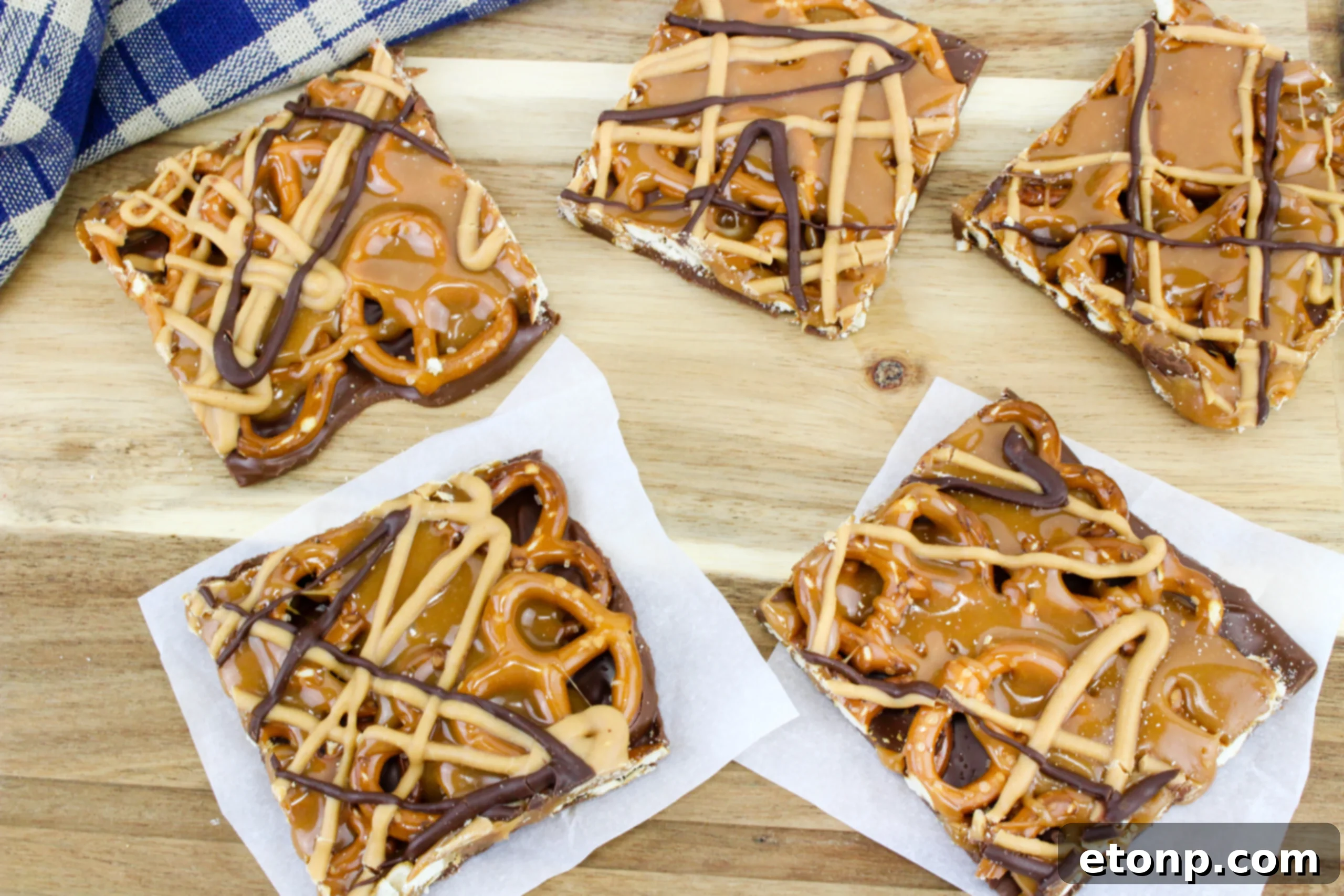 Salty Sweet No-Bake Pretzel Caramel Bars 6 No Bake Caramel Pretzel Crack Bars on wooden table