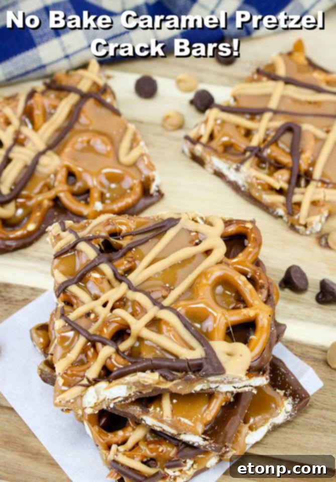 Salty Sweet No-Bake Pretzel Caramel Bars 10 No Bake Caramel Pretzel Crack Bars stacked