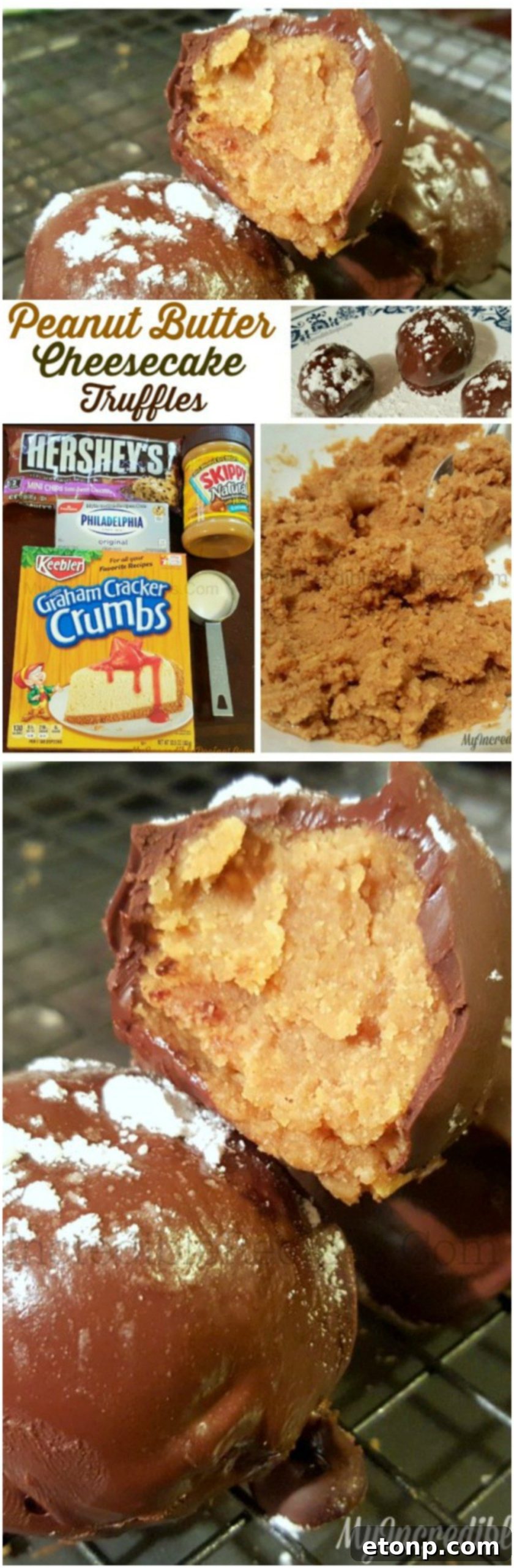 A square Pinterest graphic for Peanut Butter Cheesecake Truffles, ready to be pinned.