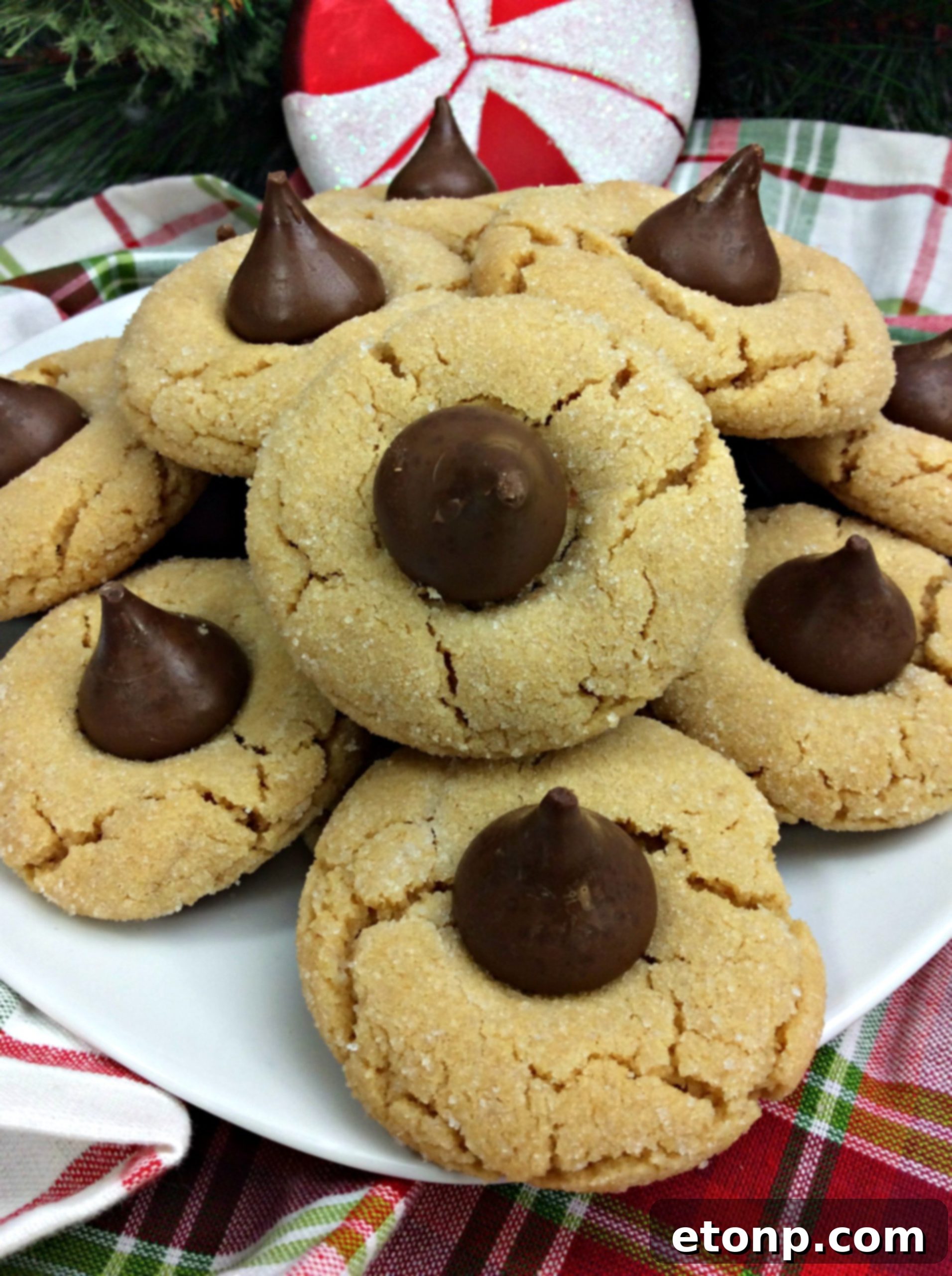 Close-up of a freshly baked Peanut Butter Blossom Cookie with a melted Hershey's Kiss on top, ready to be enjoyed.