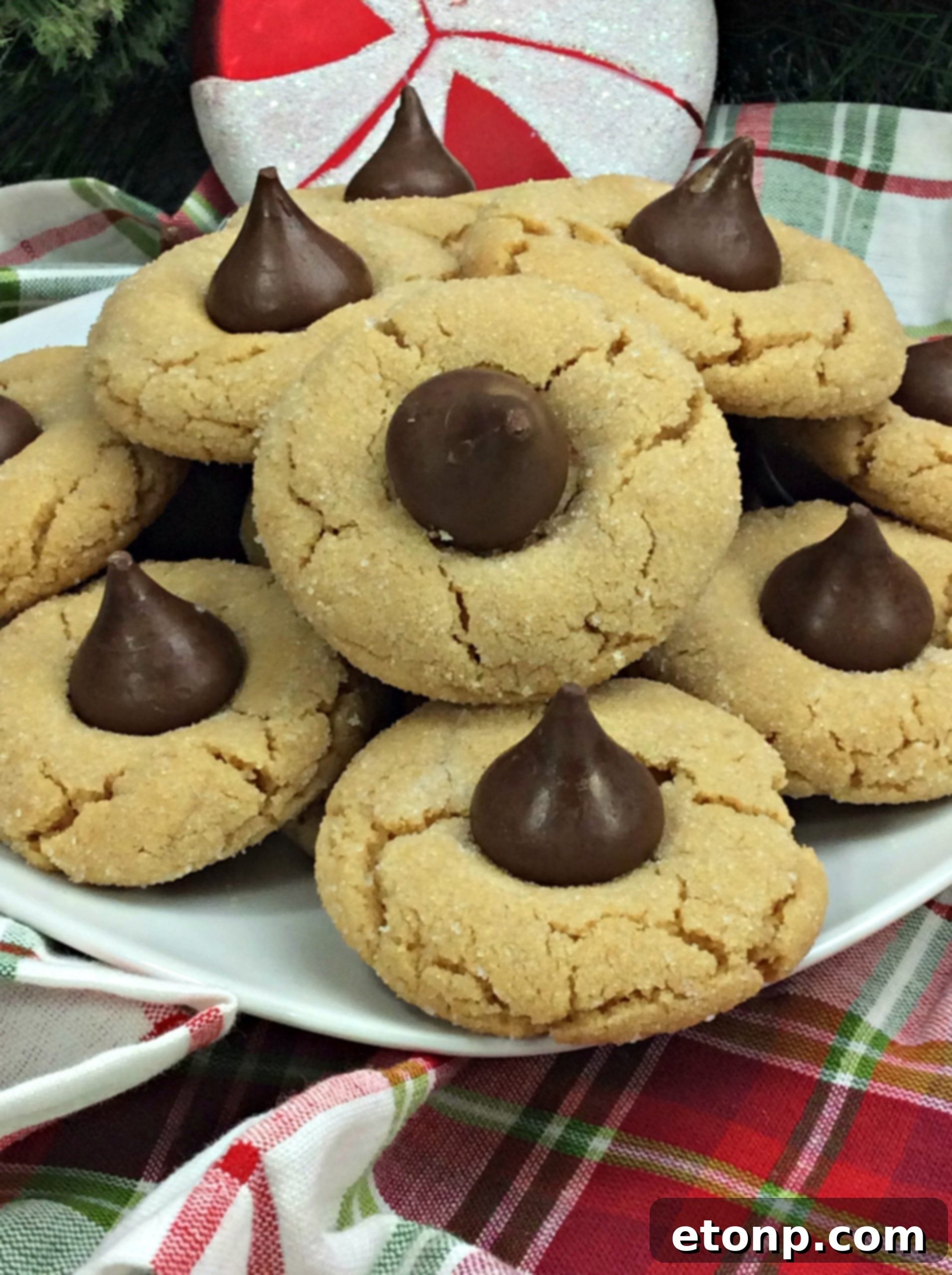 Several Peanut Butter Blossom Cookies arranged artistically, highlighting the contrast between the golden cookie and the chocolate kiss.
