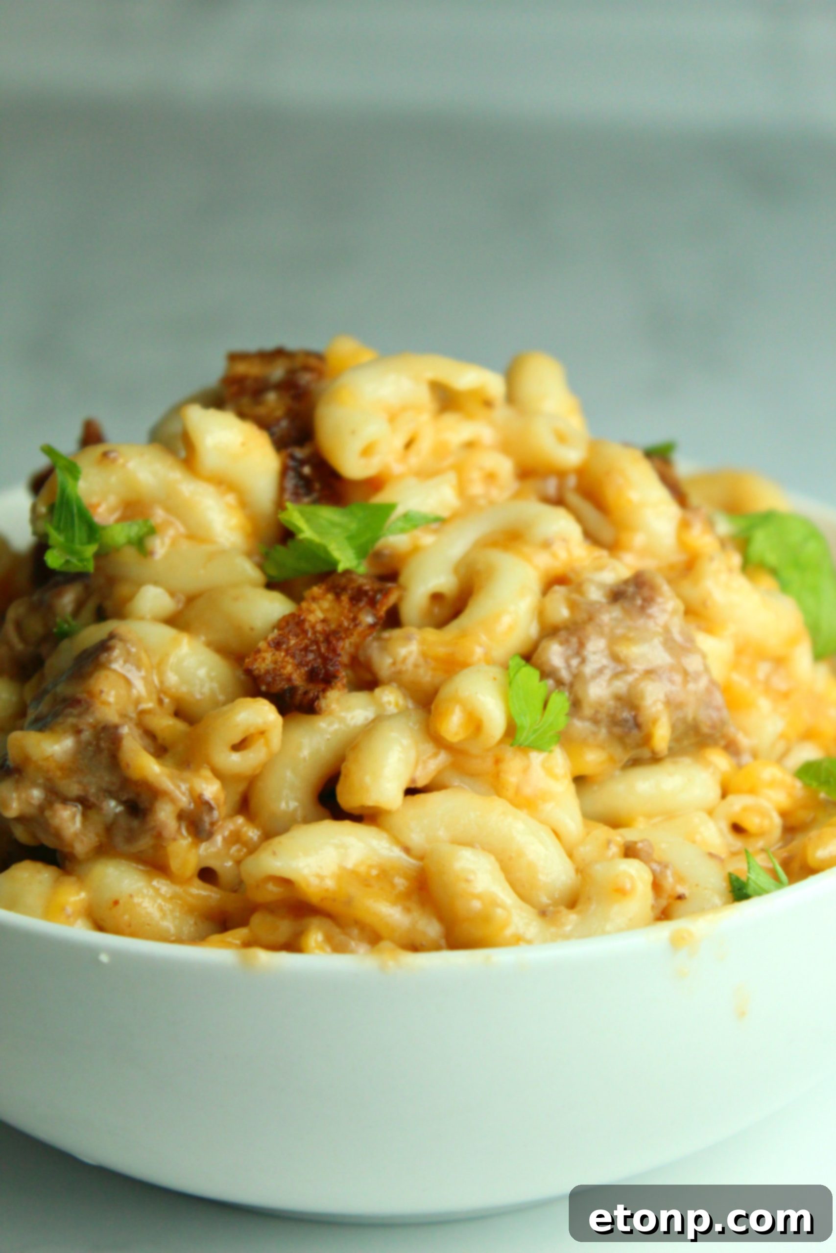 Loaded Ooey Gooey Bacon Cheeseburger Pasta 6 Another perspective of the creamy Bacon Cheeseburger Pasta, highlighting the vibrant colors and textures.