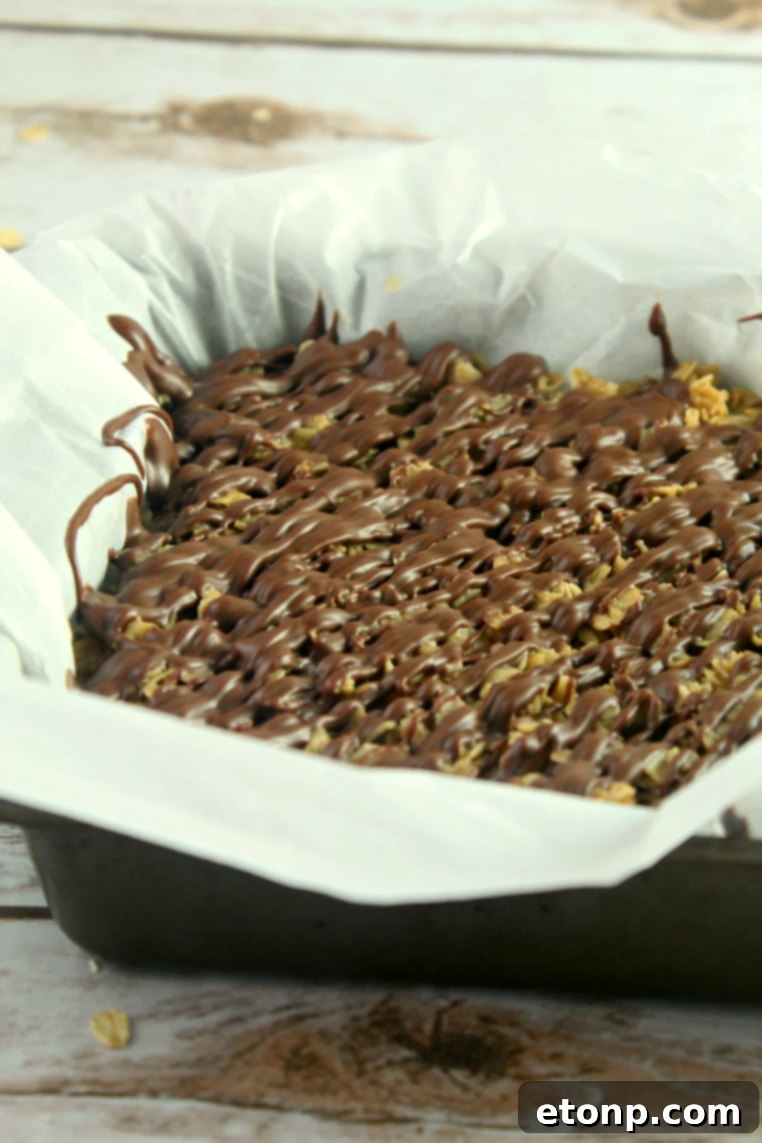 Effortless Chocolate Oatmeal Bliss Bars 3 Close-up of thick, chewy no-bake chocolate oatmeal bars stacked