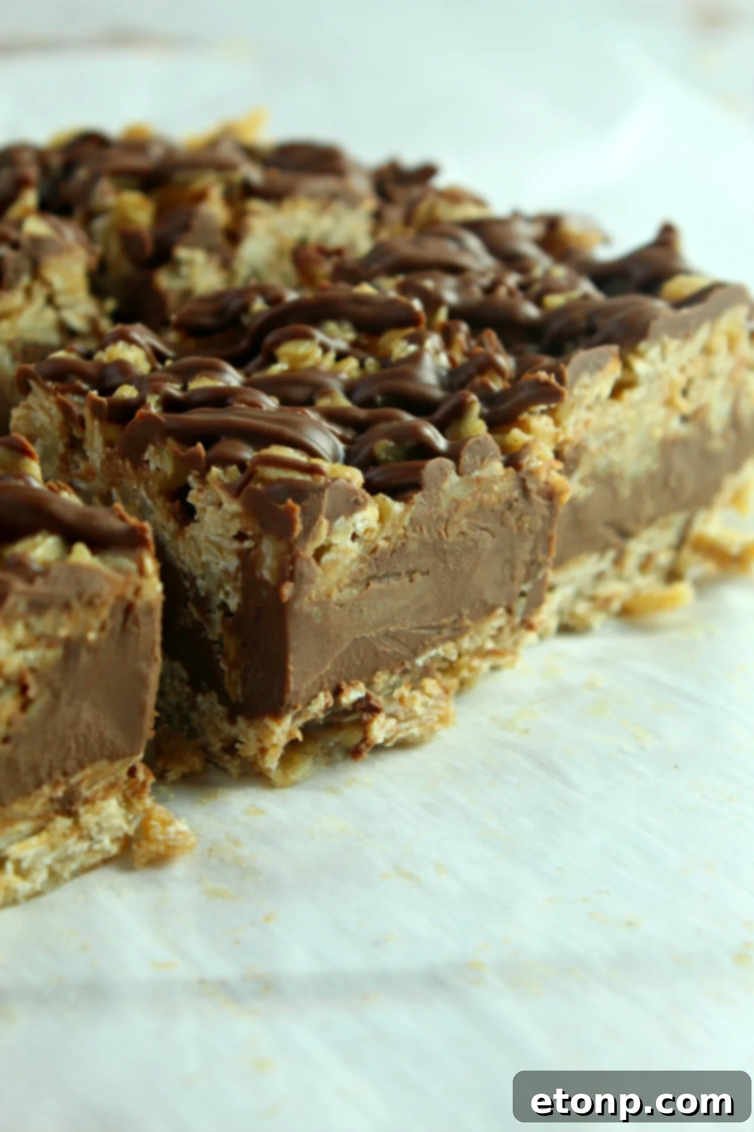 Effortless Chocolate Oatmeal Bliss Bars 5 Rich, dense no-bake chocolate oatmeal bars with a drizzle of chocolate