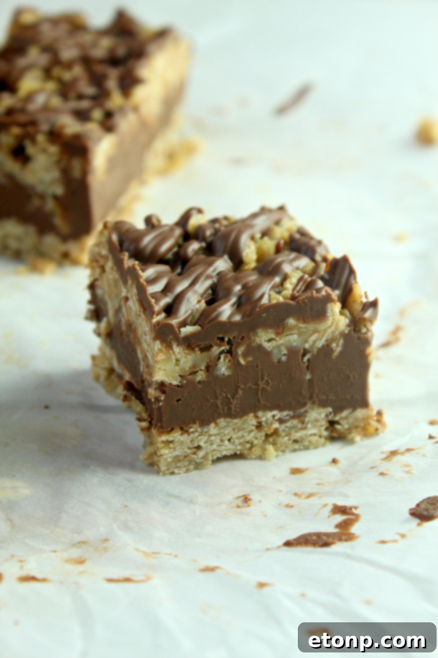 Effortless Chocolate Oatmeal Bliss Bars 7 Perfectly portioned no-bake chocolate oatmeal bars on a cooling rack