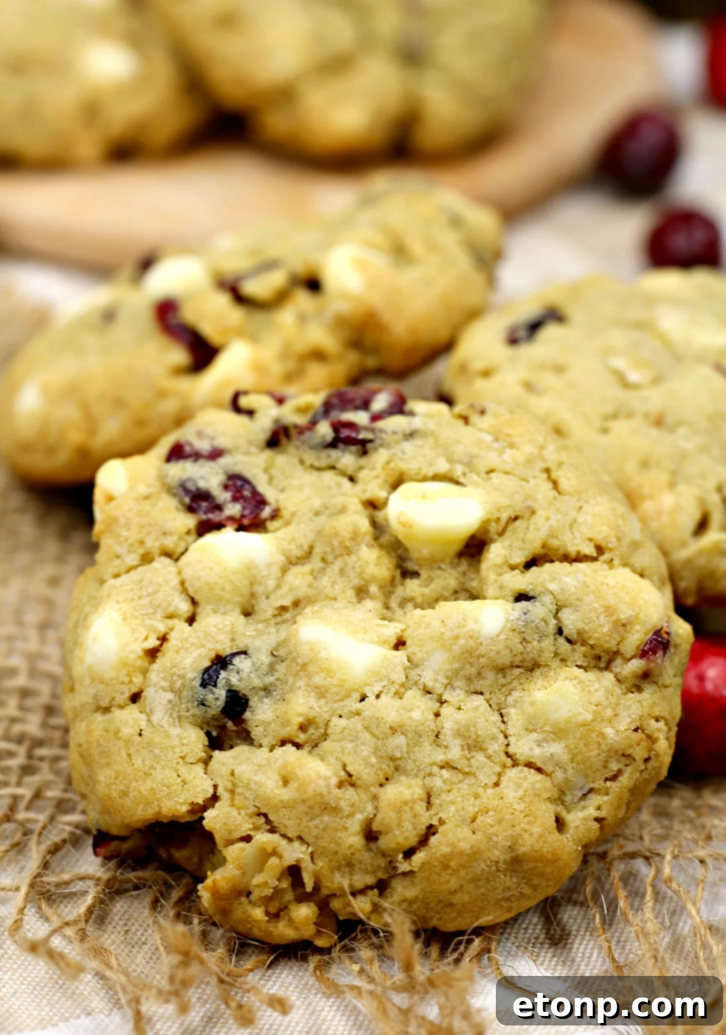 Close-up of a stack of freshly baked Cranberry White Chocolate Oatmeal Cookies, showcasing their soft texture and visible cranberries and white chocolate chips.