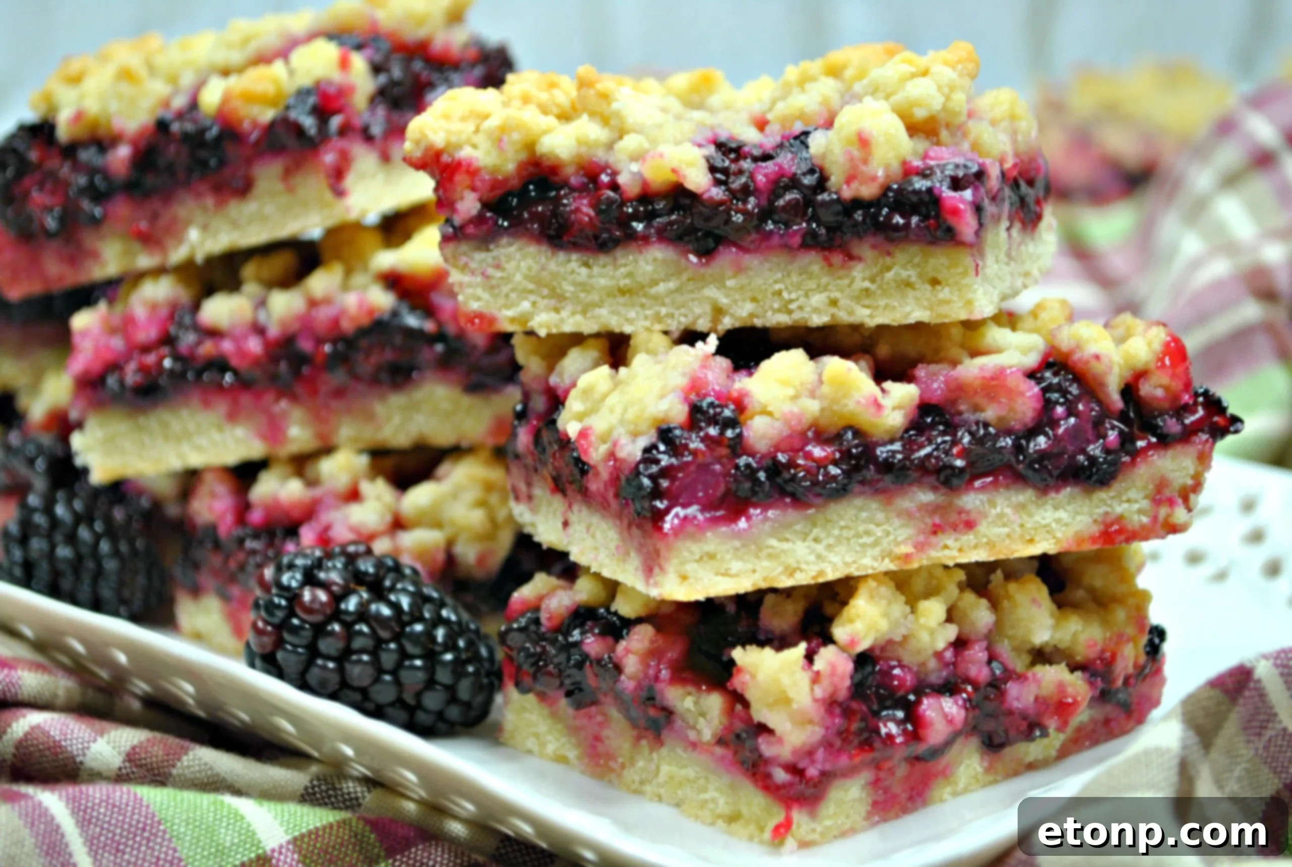 Stacked blackberry crumble bars, showcasing the thick layer of fruit filling and crumbly topping, ideal for holiday dessert tables.