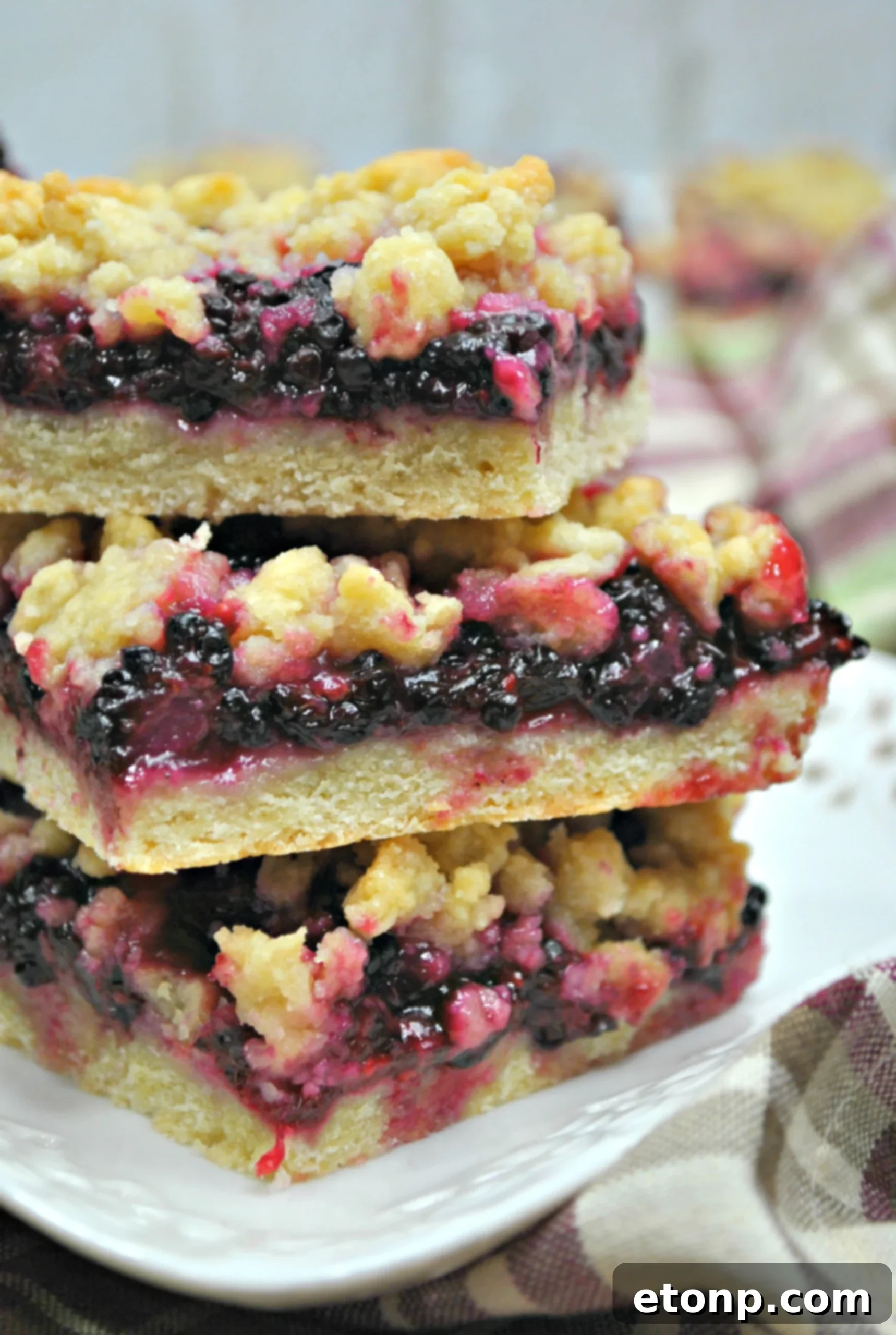 A close-up view of the golden-brown, textured crumble topping on the blackberry bars, inviting a taste of its buttery goodness.