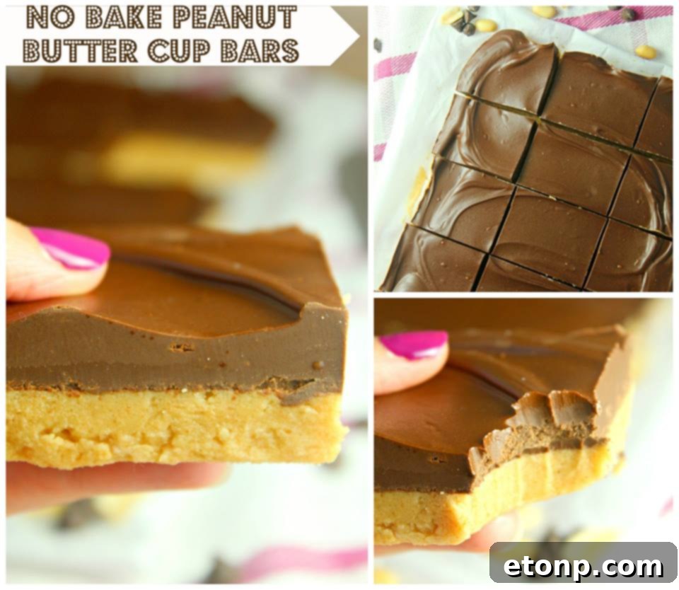 Delicious no-bake peanut butter cup bars with a thick chocolate layer