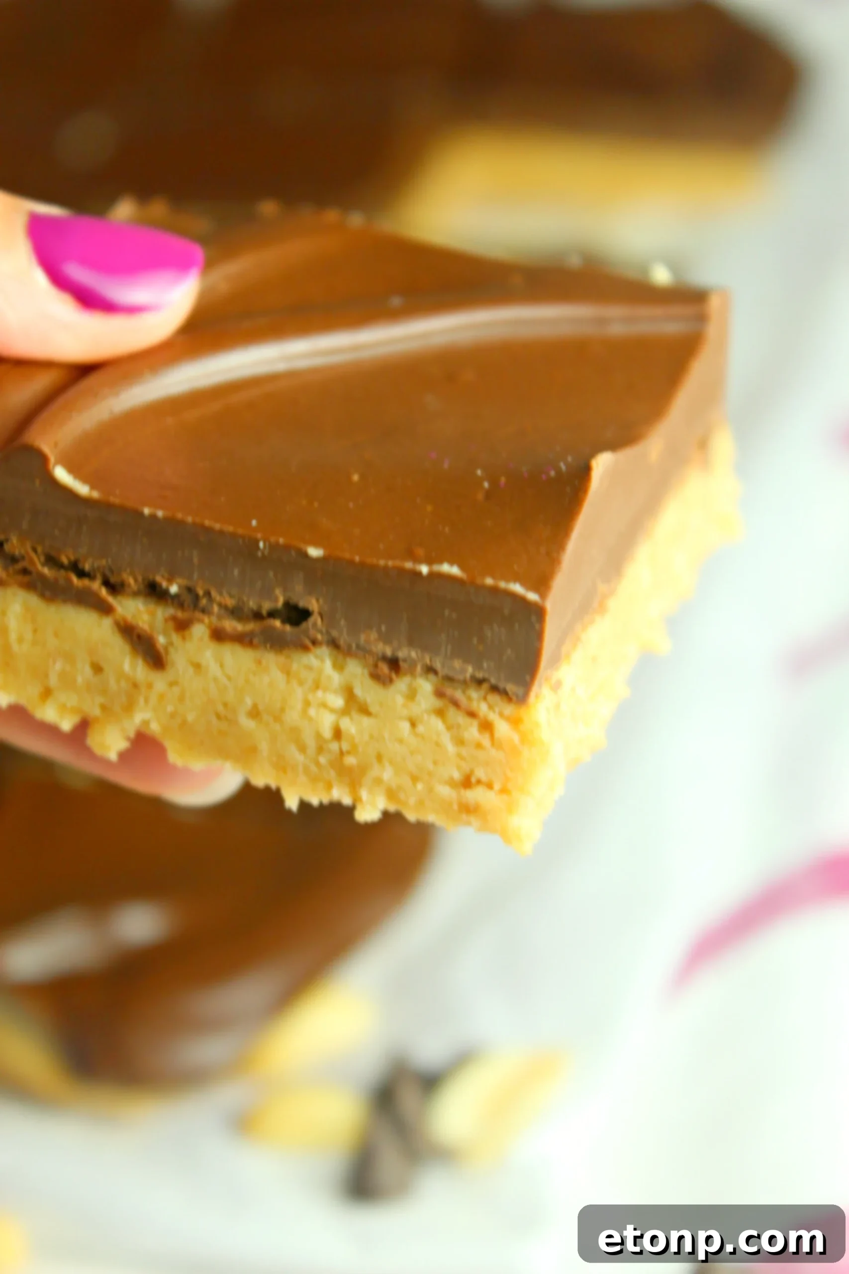 Close-up of a stack of No-Bake Peanut Butter Cup Bars, highlighting their layers