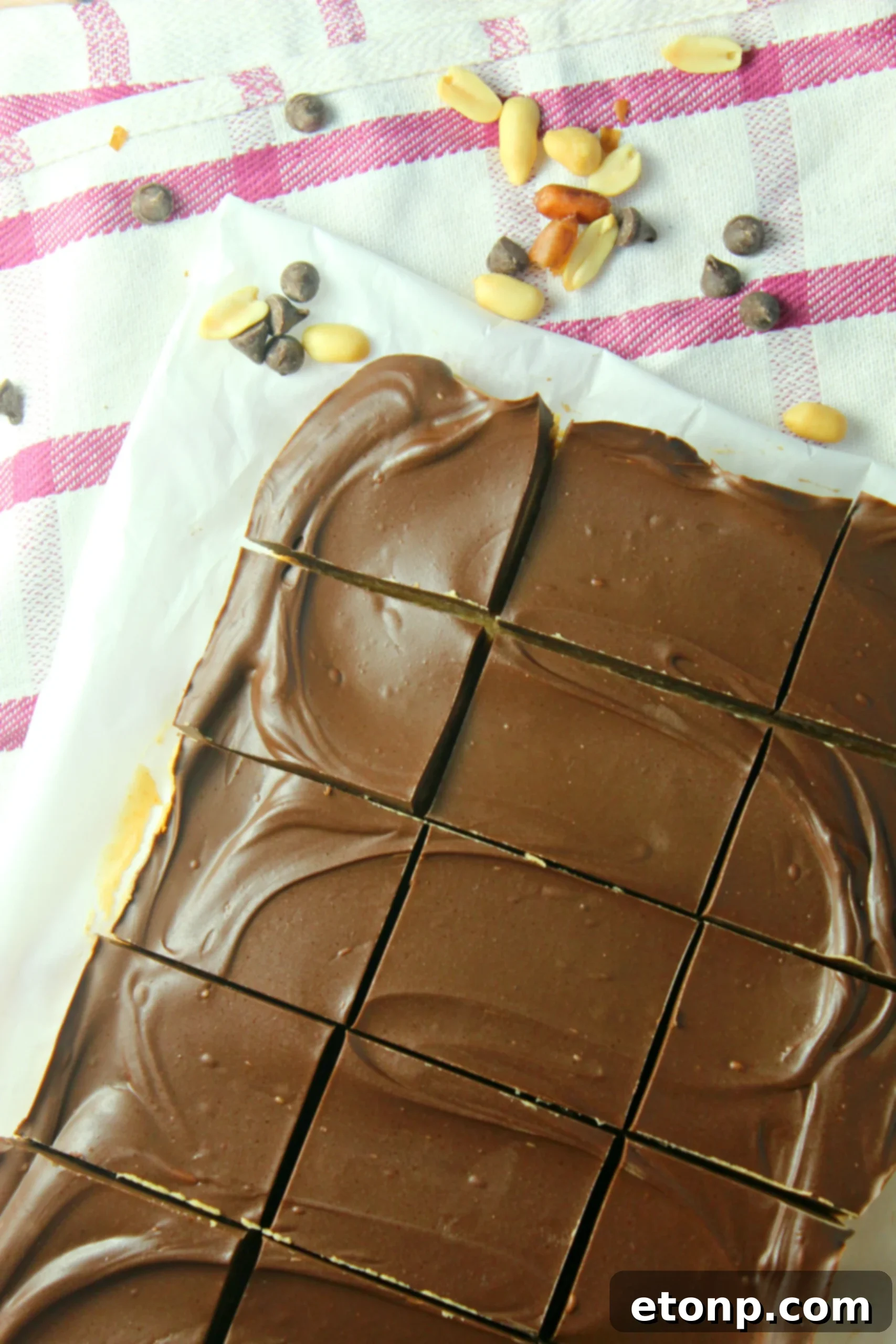 A close-up showing the rich, smooth chocolate topping on the peanut butter bars