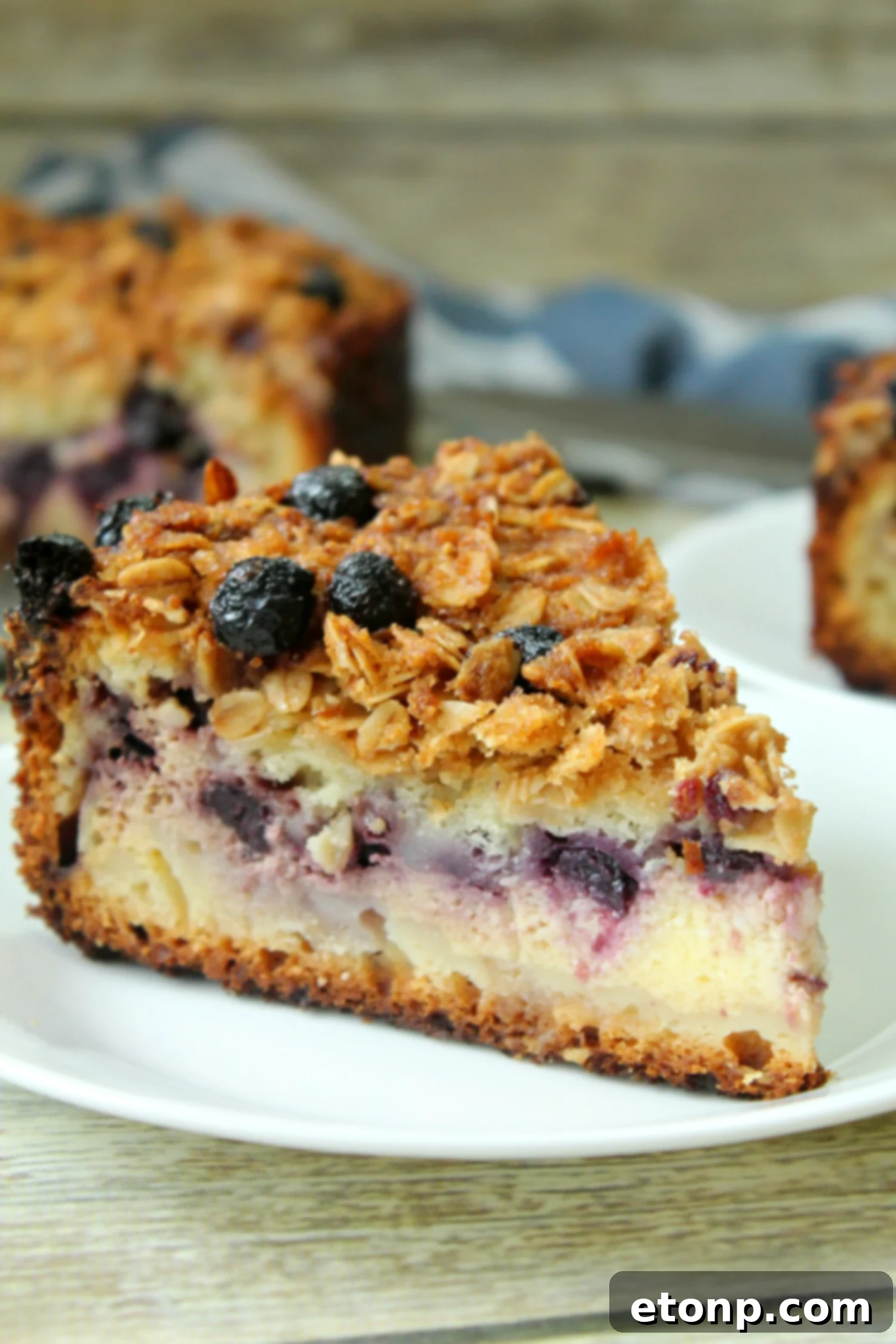 Golden-baked blueberry cream cheese coffeecake with a perfect crumble topping, sliced to reveal layers.