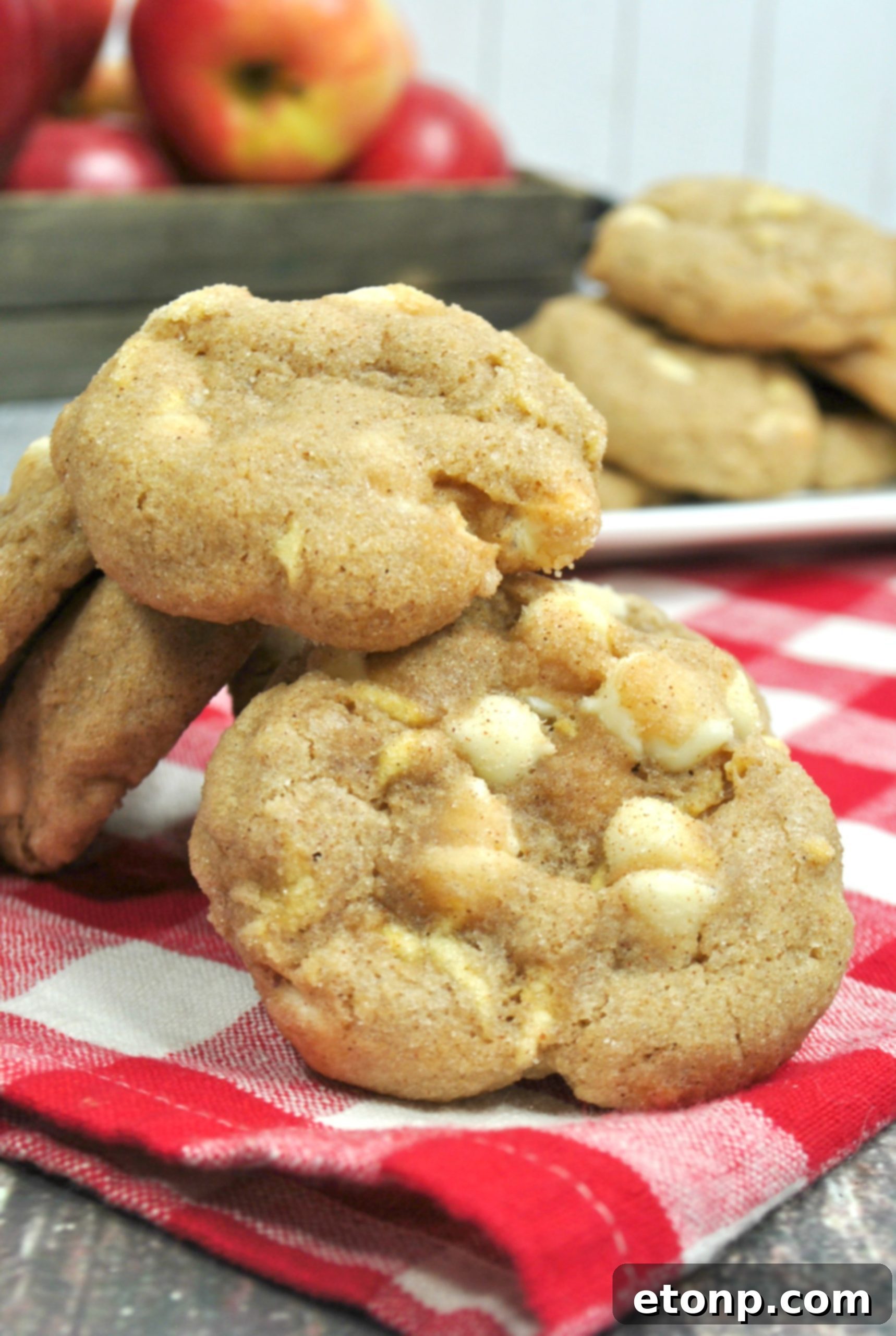 Decadent White Chocolate Snickerdoodle Cookies 3 Two White Chocolate Snickerdoodle Cookies on a cooling rack, showing their texture