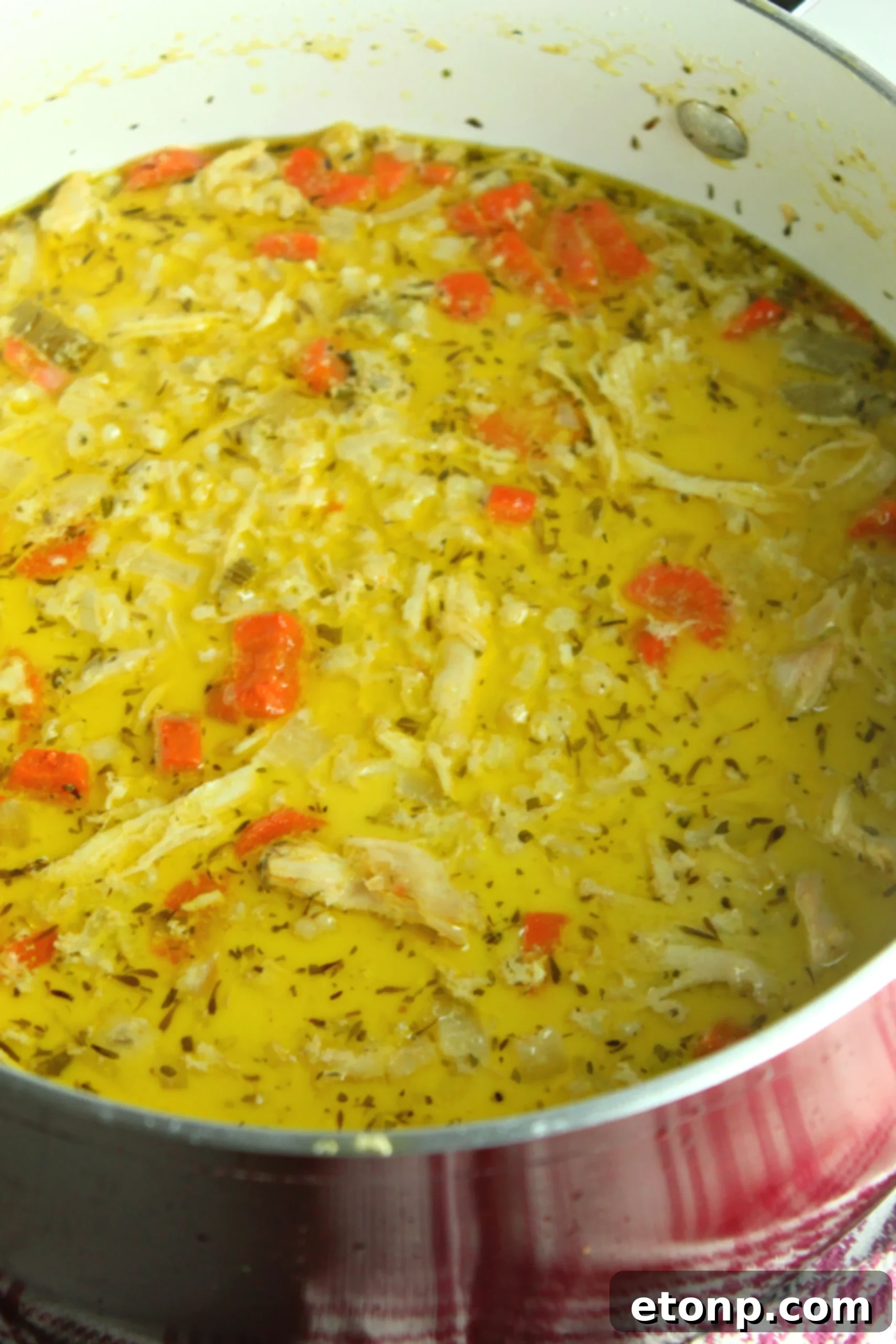 Easy Chicken and Rice Soup 3 Overhead shot of a bowl of creamy chicken and rice soup, showcasing its rich texture and ingredients.