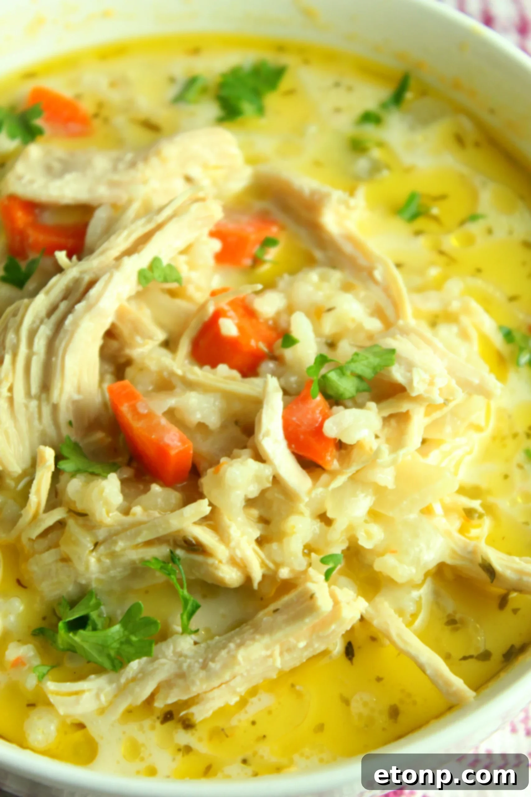 Easy Chicken and Rice Soup 4 A serving of chicken and rice soup in a white bowl, highlighting its creamy consistency and pieces of chicken.