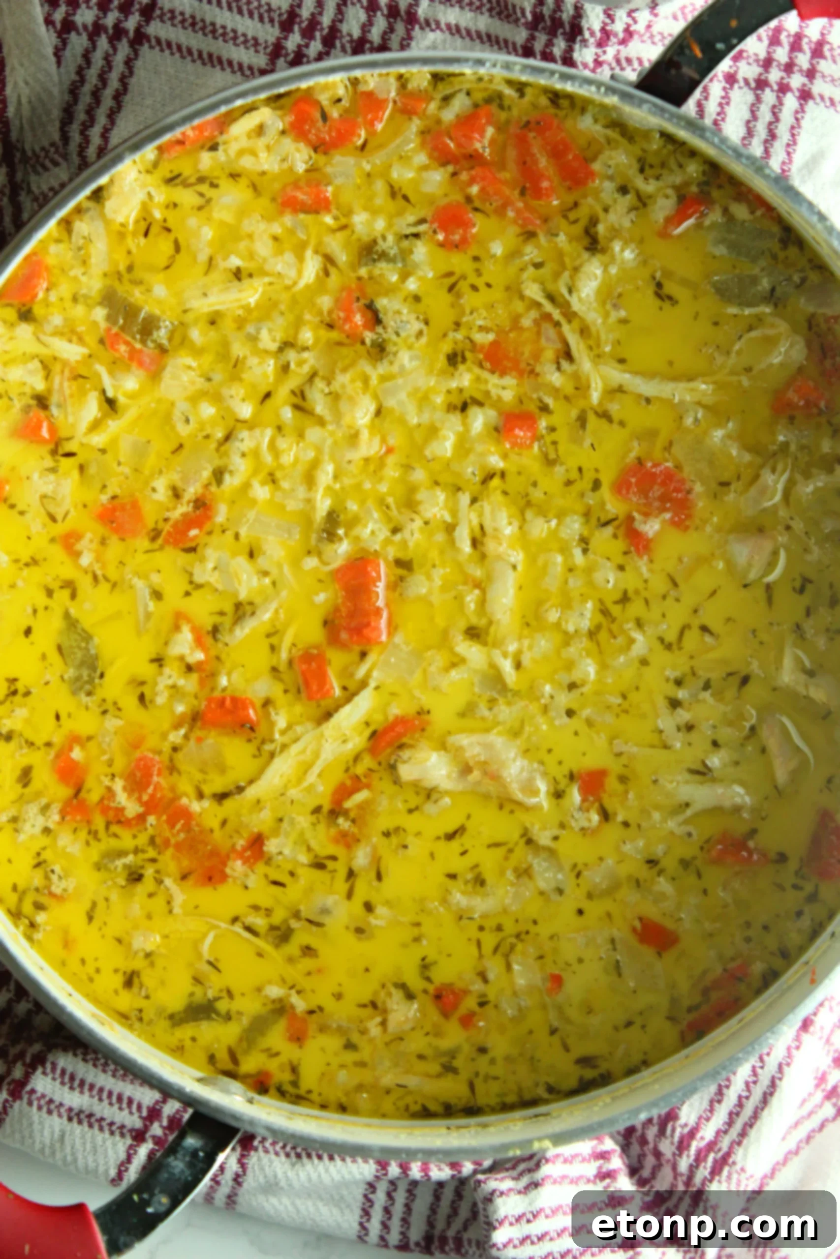 Easy Chicken and Rice Soup 5 Close-up of chicken and rice soup, focusing on the hearty chunks of chicken and grains of rice.