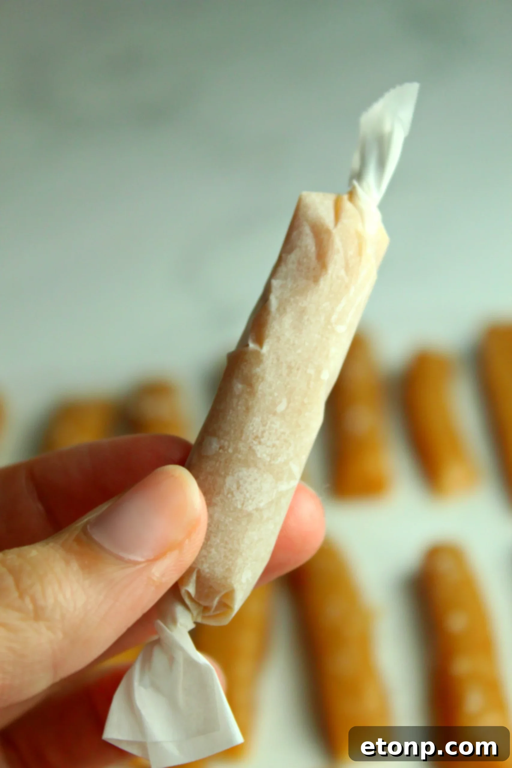 A final close-up of a homemade salted caramel, cut and ready, showing its soft, uniform texture.