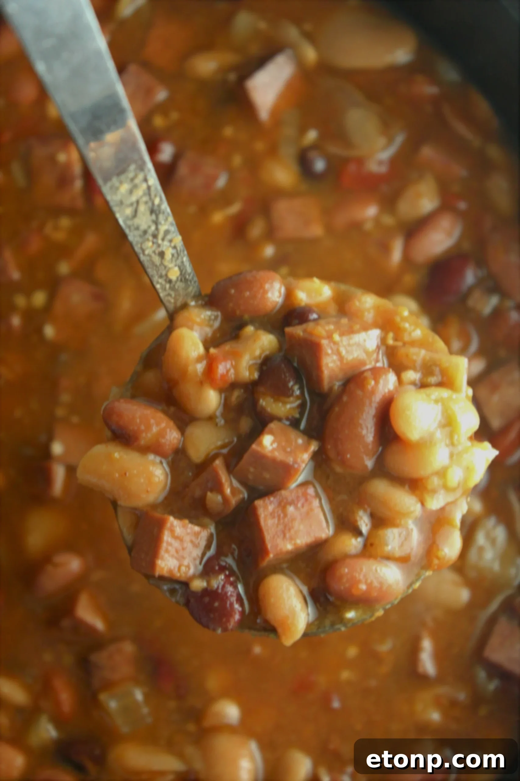 Hearty Ham and Bean Crock-Pot Classic 4 Overhead view of Slow Cooker Ham and Bean Soup with garnishes