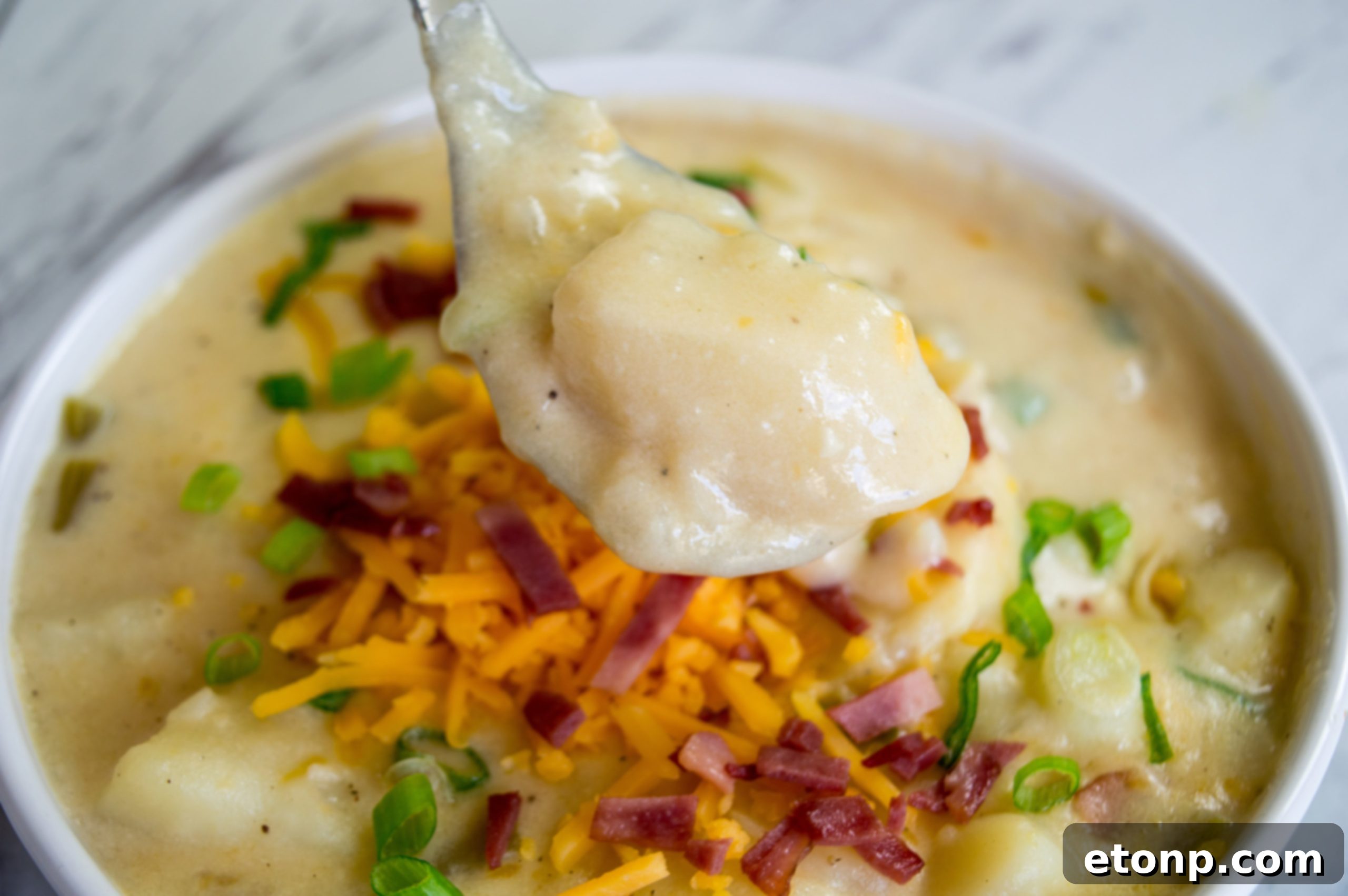 Ultimate Comfort Potato Soup 2 A steaming bowl of creamy loaded potato soup, topped with crispy bacon, shredded cheddar cheese, and fresh green onions, against a rustic background.