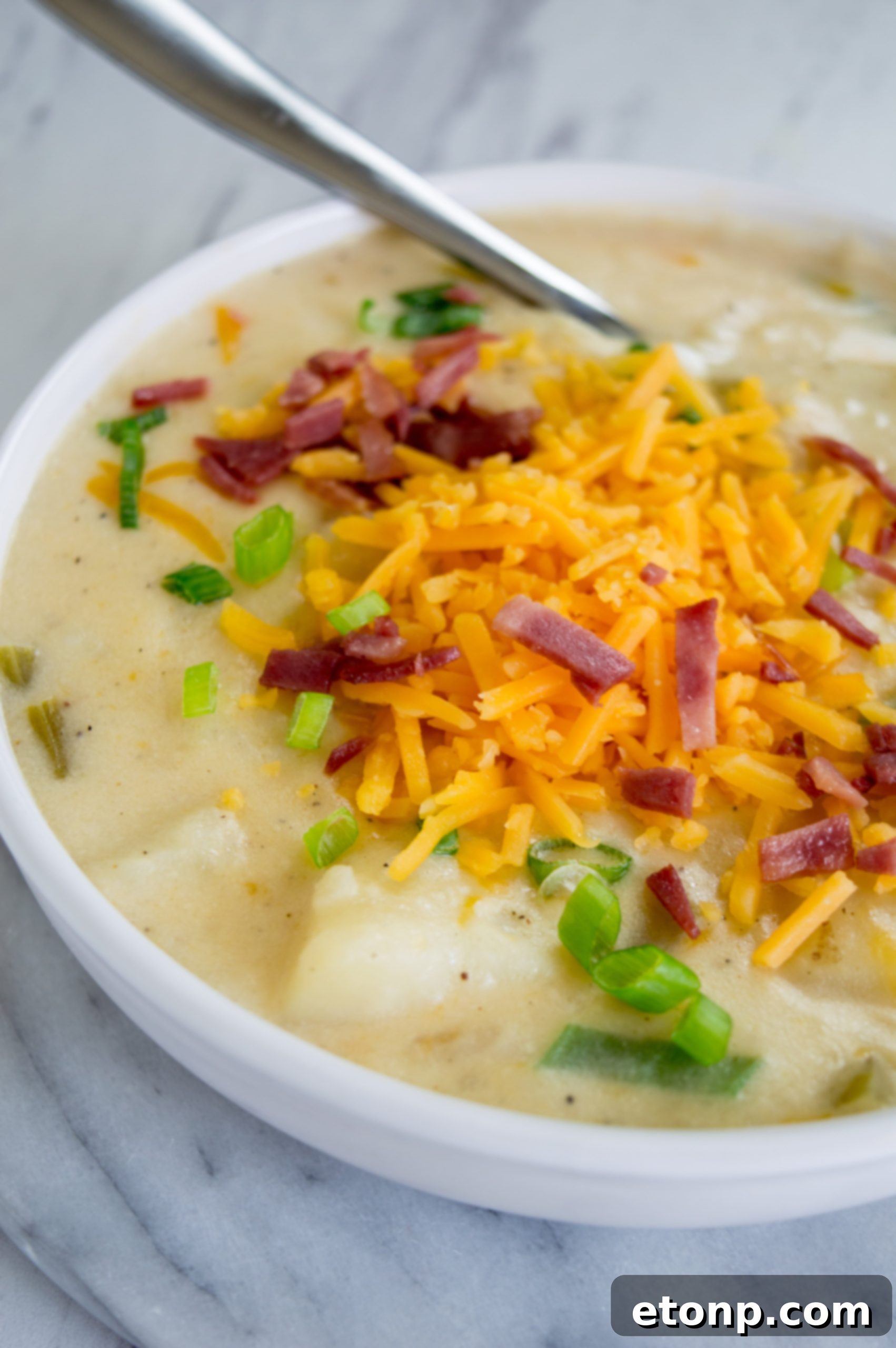 Ultimate Comfort Potato Soup 3 Close-up shot of loaded potato soup, showcasing the thick, creamy texture and generous toppings of bacon, cheese, and chives.