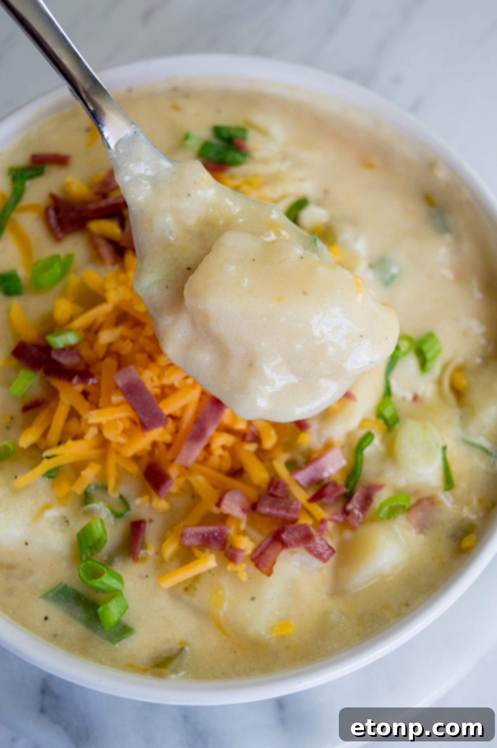 Ultimate Comfort Potato Soup 6 A final close-up of the delicious loaded potato soup, ready to be served, emphasizing its appeal as a comfort food.